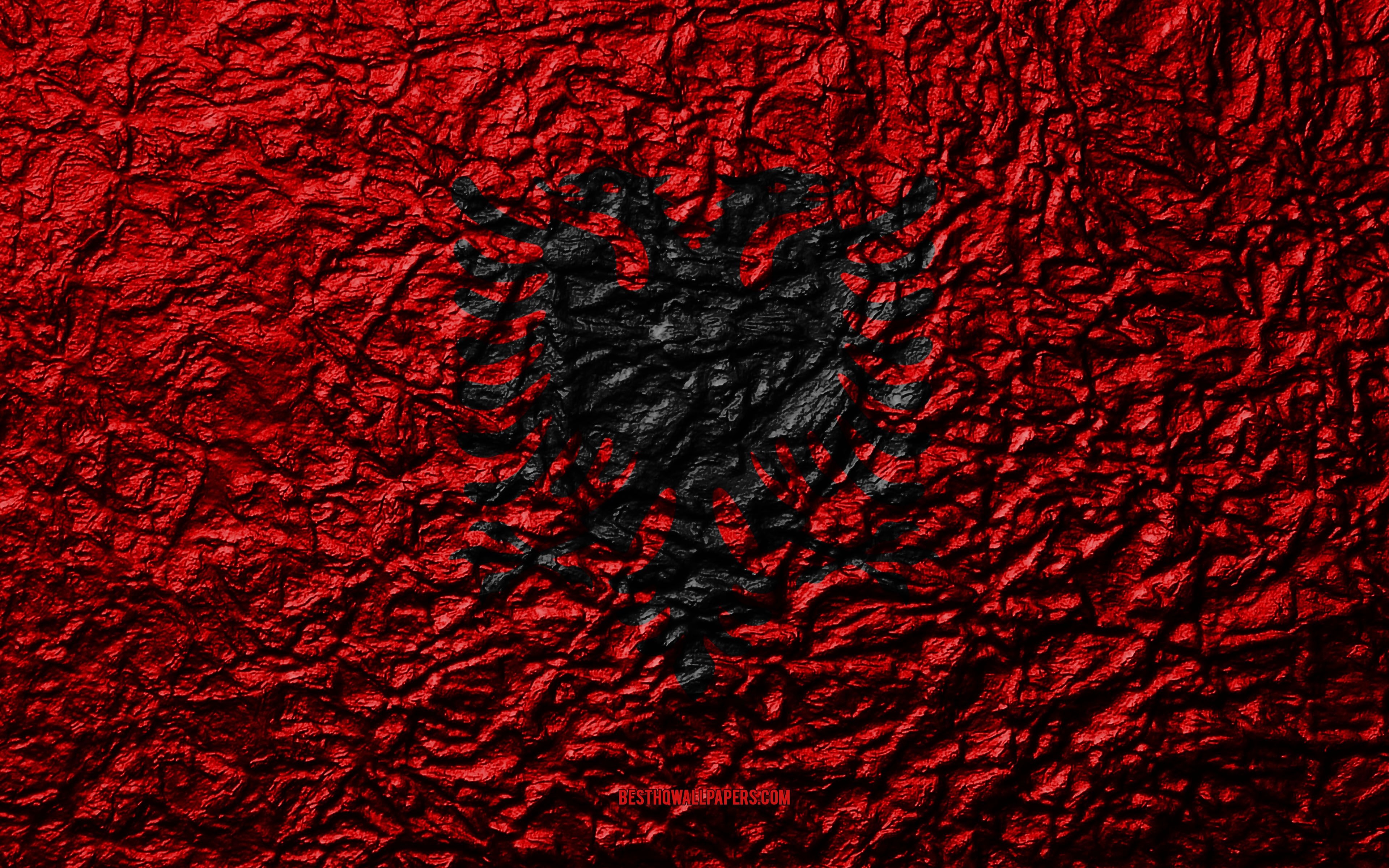 3840x2400 Download wallpaper Flag of Albania, 4k, stone texture, waves texture, Albanian flag, national symbol, Albania, Europe, stone background for desktop with resolution. High Quality HD picture wallpaper, Desktop