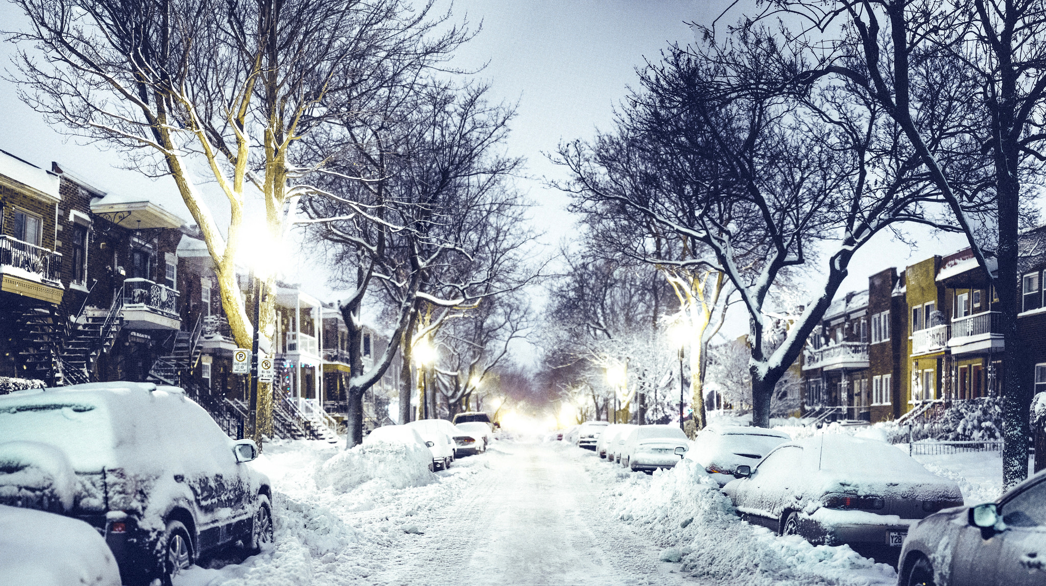 2050x1150 snow, nature, road, Canada, cars, winter, city, Snowy, Desktop