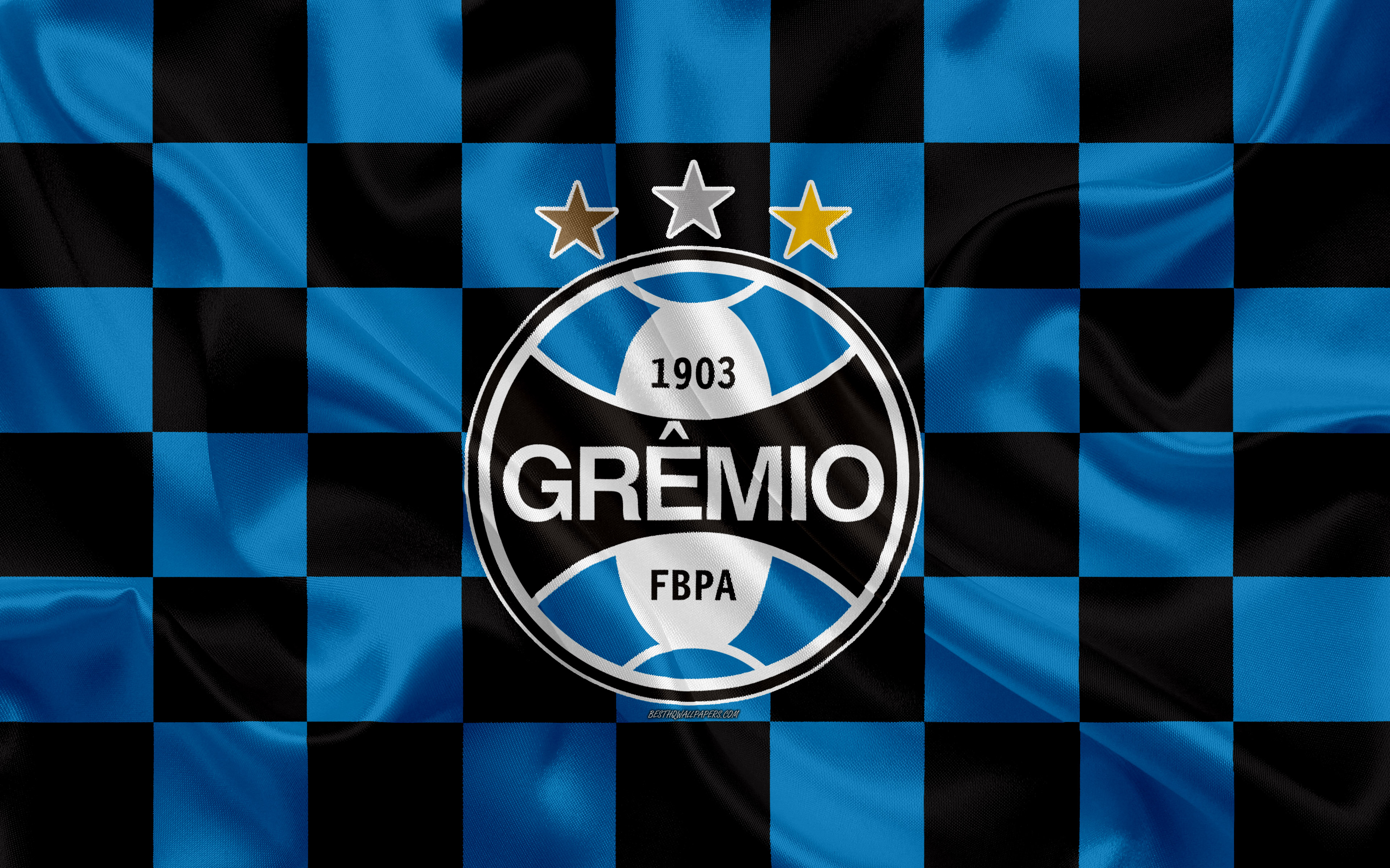 3840x2400 Download wallpaper Gremio FC, 4k, logo, creative art, blue black checkered flag, Brazilian football club, Serie A, emblem, silk texture, Porto Alegre, Brazil for desktop with resolution. High Quality HD picture, Desktop