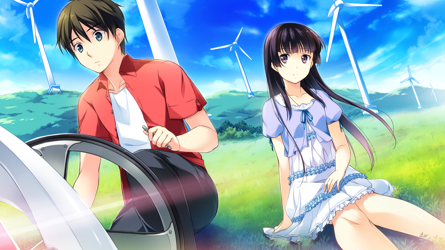 1500x850 clouds dress game cg grass habane kotori kono oozora ni tsubasa wo hirogete male minase aoi sky. konachan.com.com Anime Wallpaper, Desktop