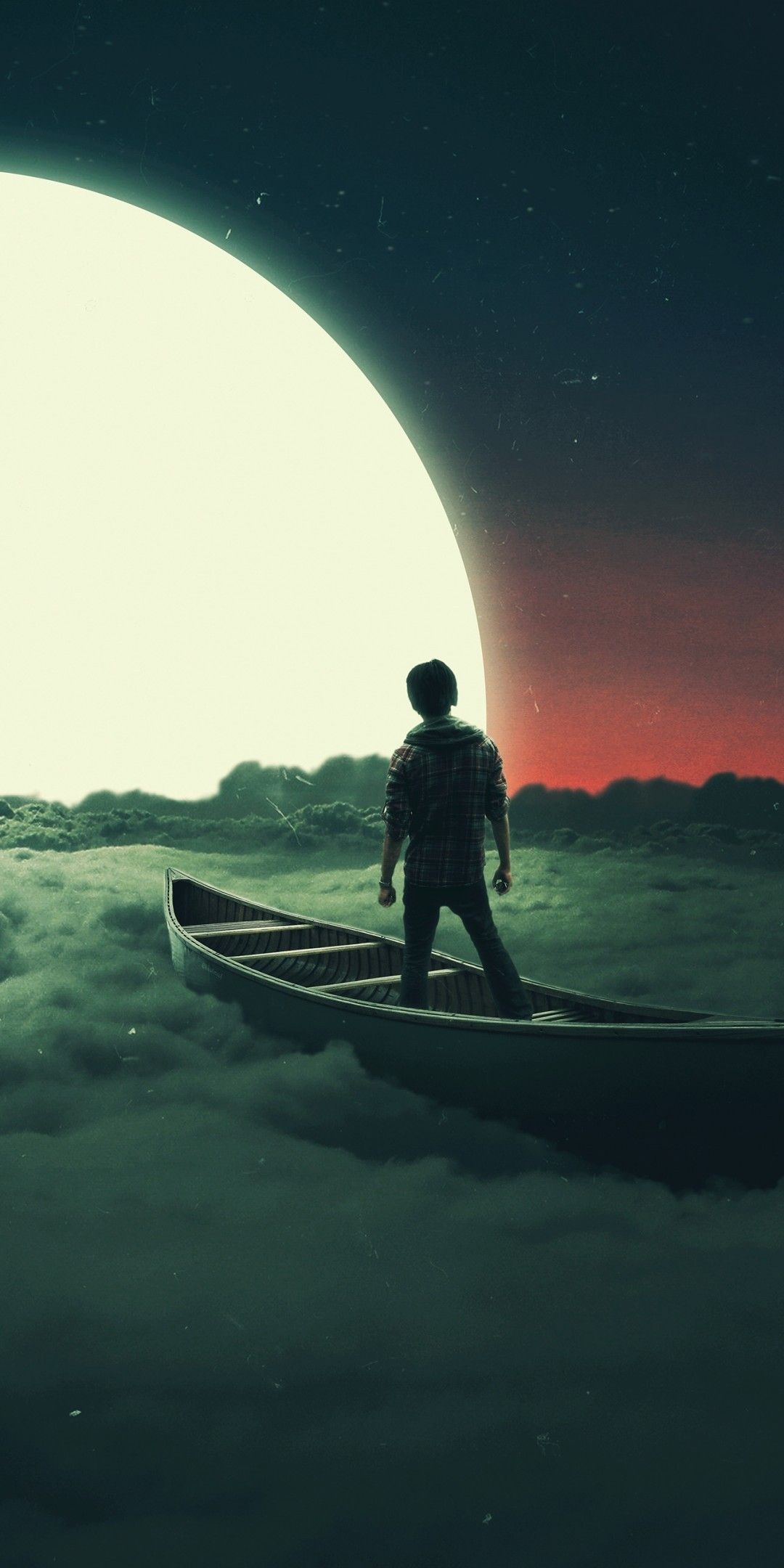 1080x2160 Download  Boy, Beyond The Clouds, Moon, Surrealism, Boat, Dreamy Wallpaper for Huawei Mate 10, Phone