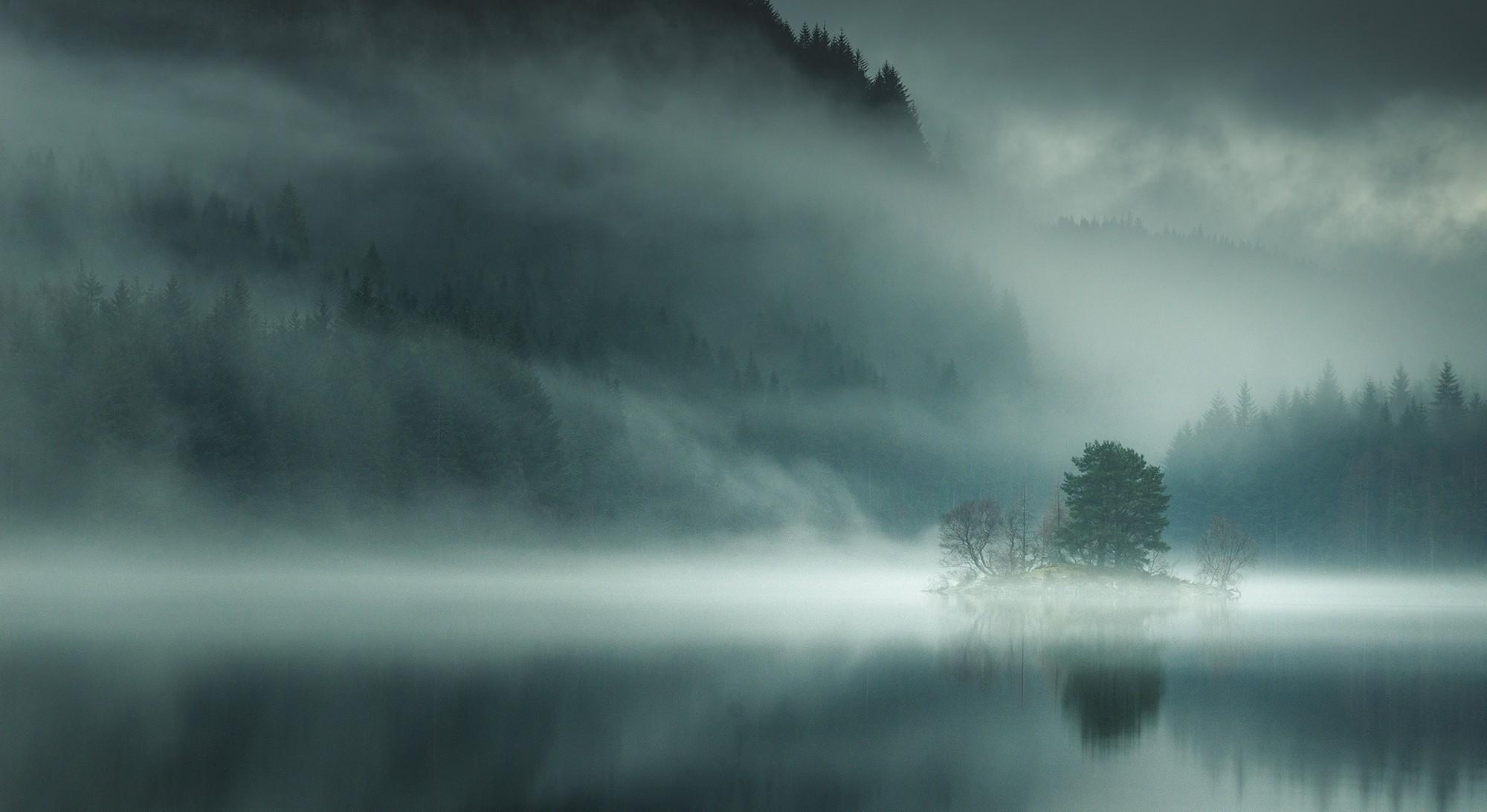 2000x1100 nature, Landscape, Lake, Mist, Mountain, Morning, Forest, Scotland, Desktop