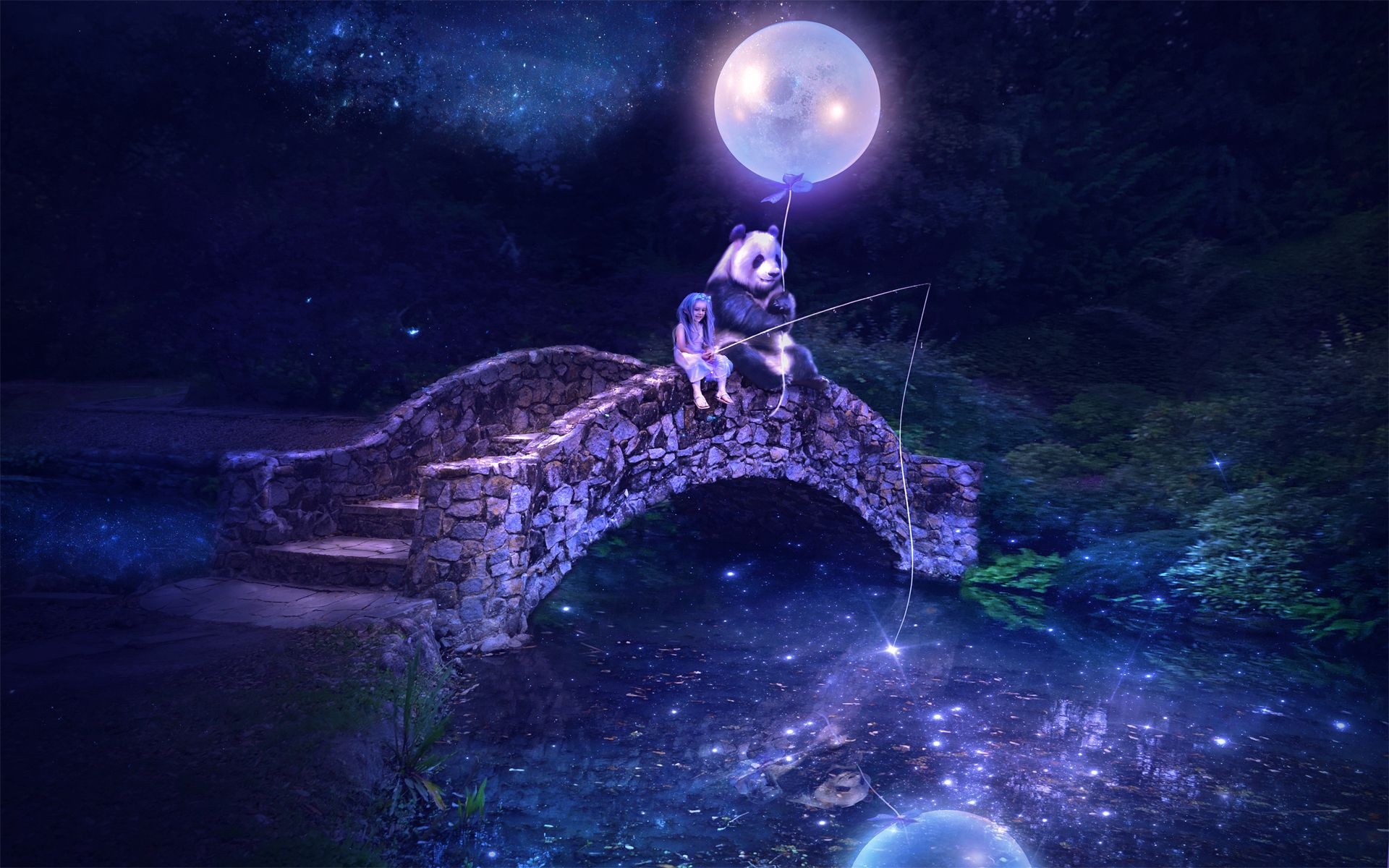 1920x1200 Fantastic world Bridges Pandas Moon Night Fantasy panda bear girl girls magical wallpaperx1200, Desktop