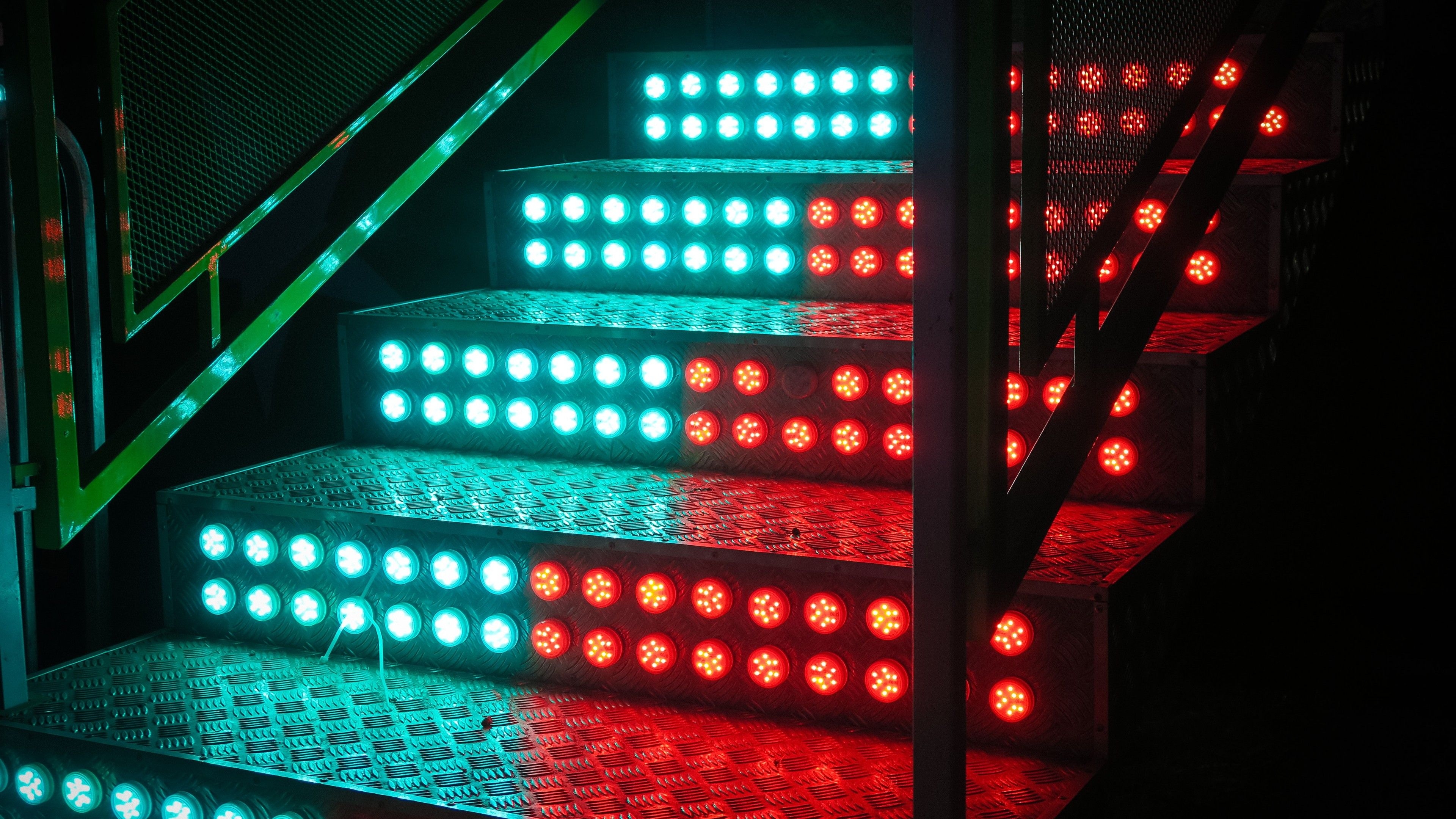 3840x2160 Staircase 4K Wallpaper, LED lights, Steps, Blue, Red, 5K, Photography, Desktop