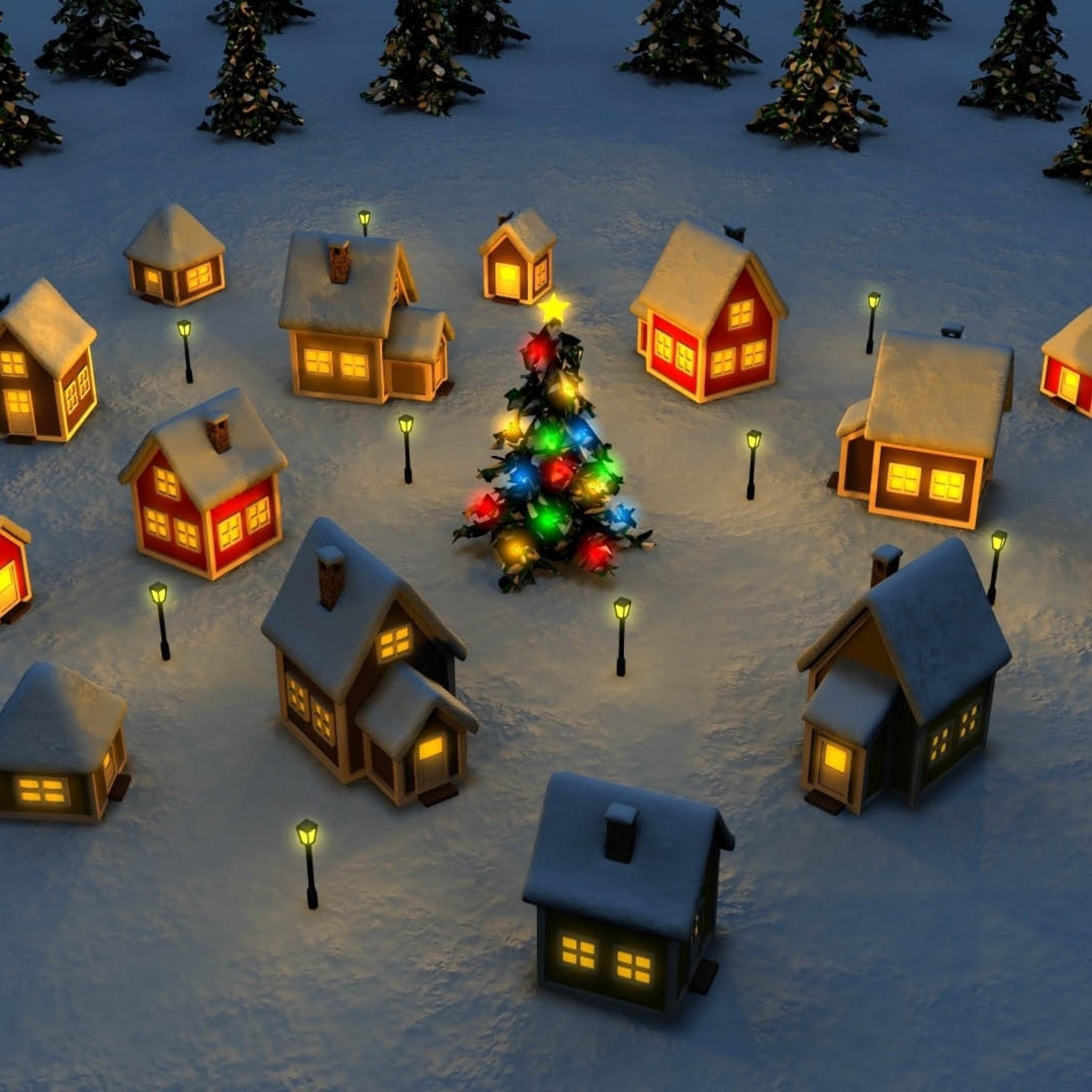 2050x2050 Christmas Village Illustration iPad Air Wallpaper Free Download, Phone