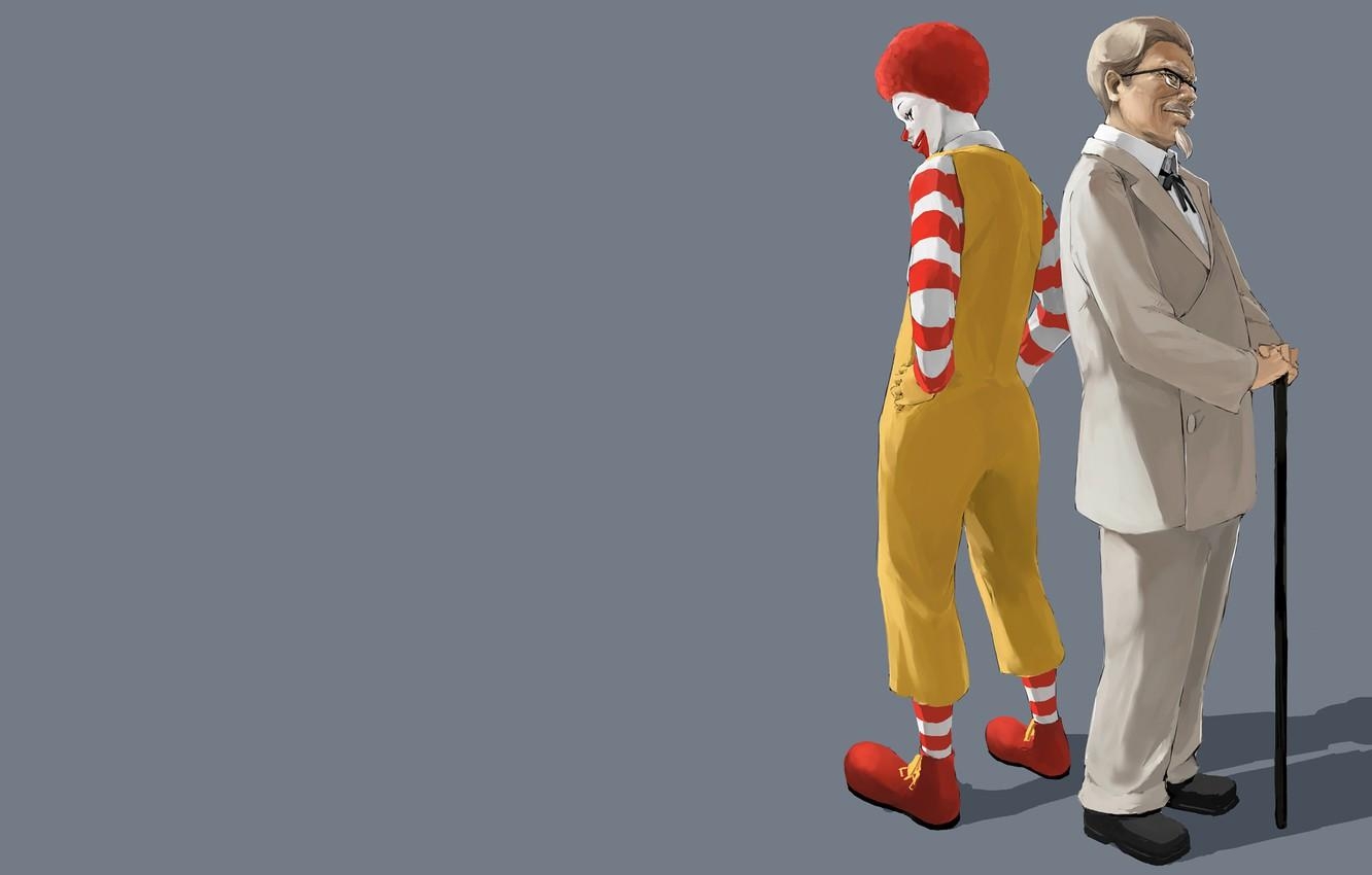 1340x850 Wallpaper minimalism, clown, grey background, McDonalds, fast food, Desktop