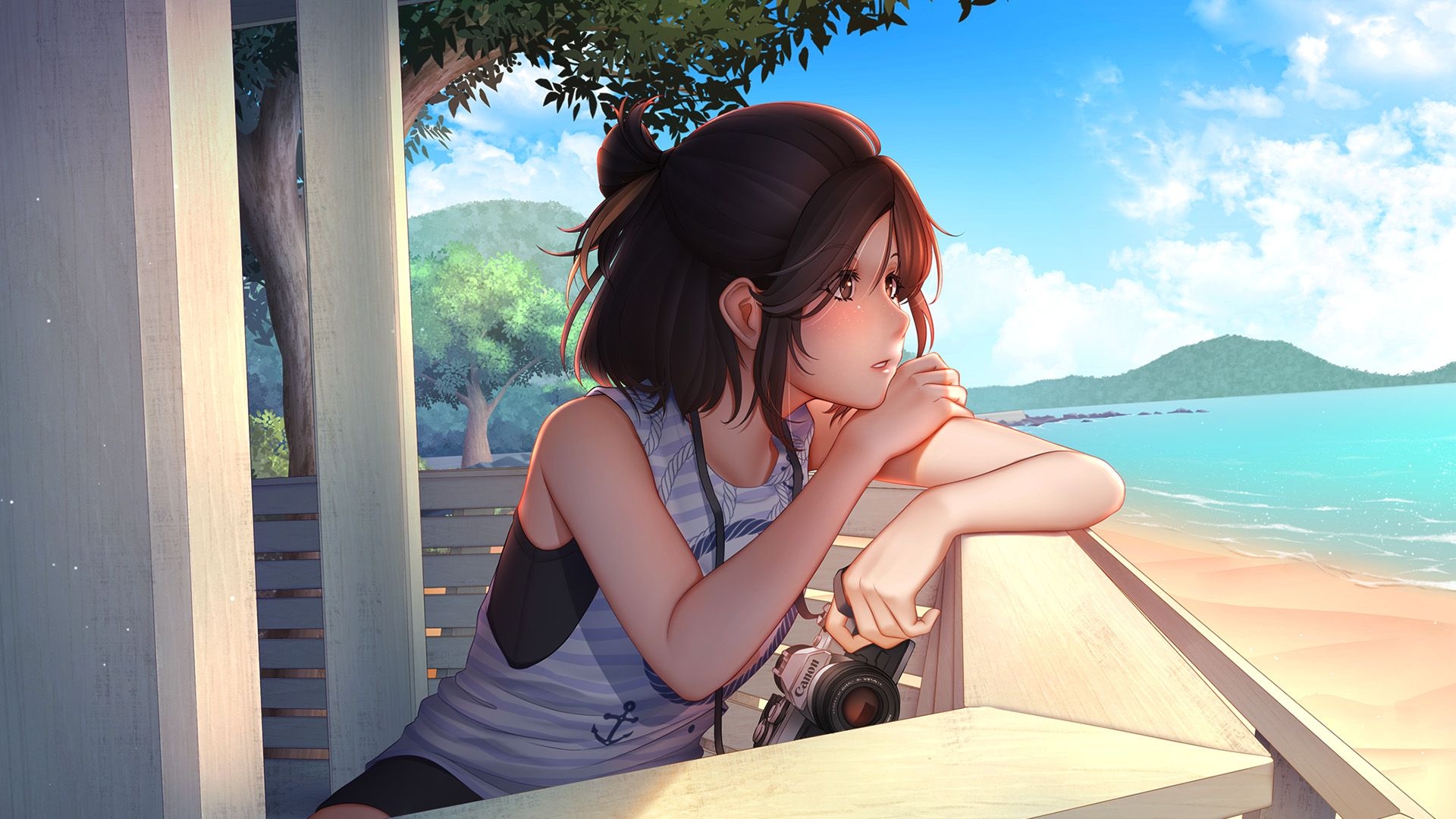 1920x1080 Wallpaper, anime girls, beach, summer, camera, Canon, brunette ʀʏᴘʟᴇ, Desktop