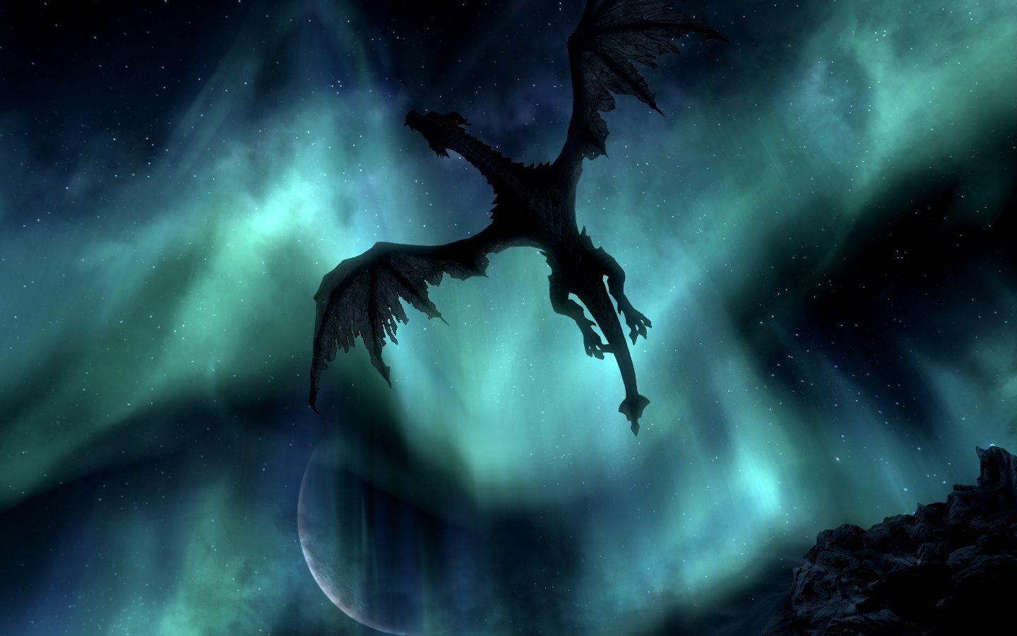 1440x900 The Elder Scrolls Skyrim Paarthurnax Moon Night Dragon Aurora, Desktop