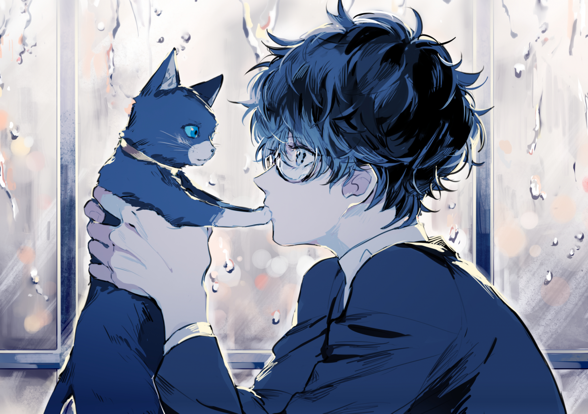 2050x1450 Download  Persona Kurusu Akira, Anime Boy, Cat, Glasses, Profile View, Cute Wallpaper, Desktop