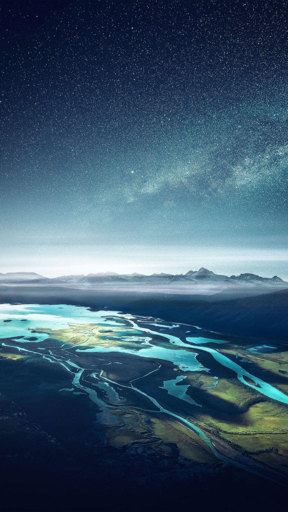 950x1690 Mountain Range River Landscape Starry Sky. iPhone wallpaper sky, Phone