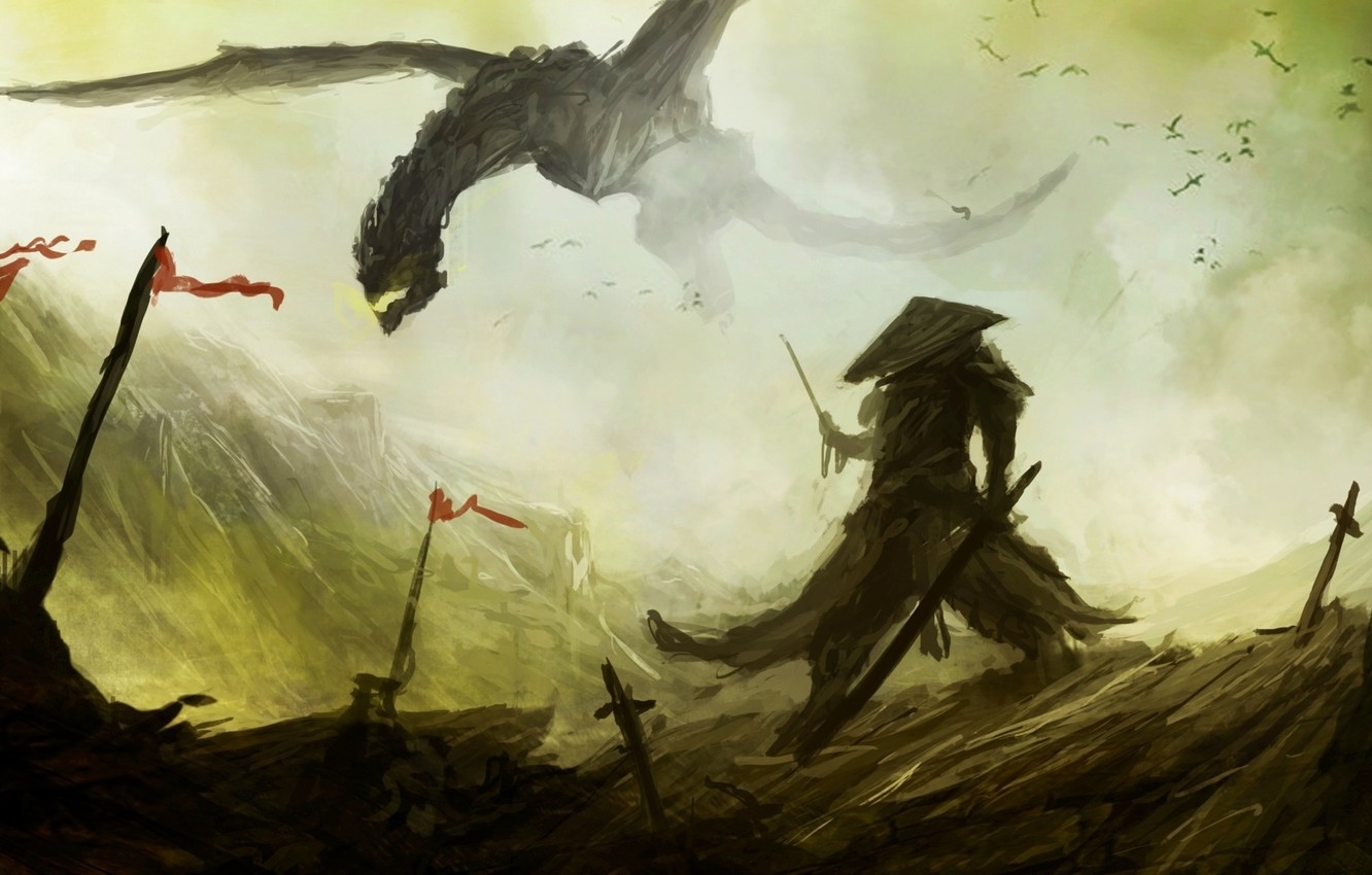 1340x850 Wallpaper fiction, dragon, art, samurai, dragon, banner, samurai, battlefield image for desktop, section живопись, Desktop