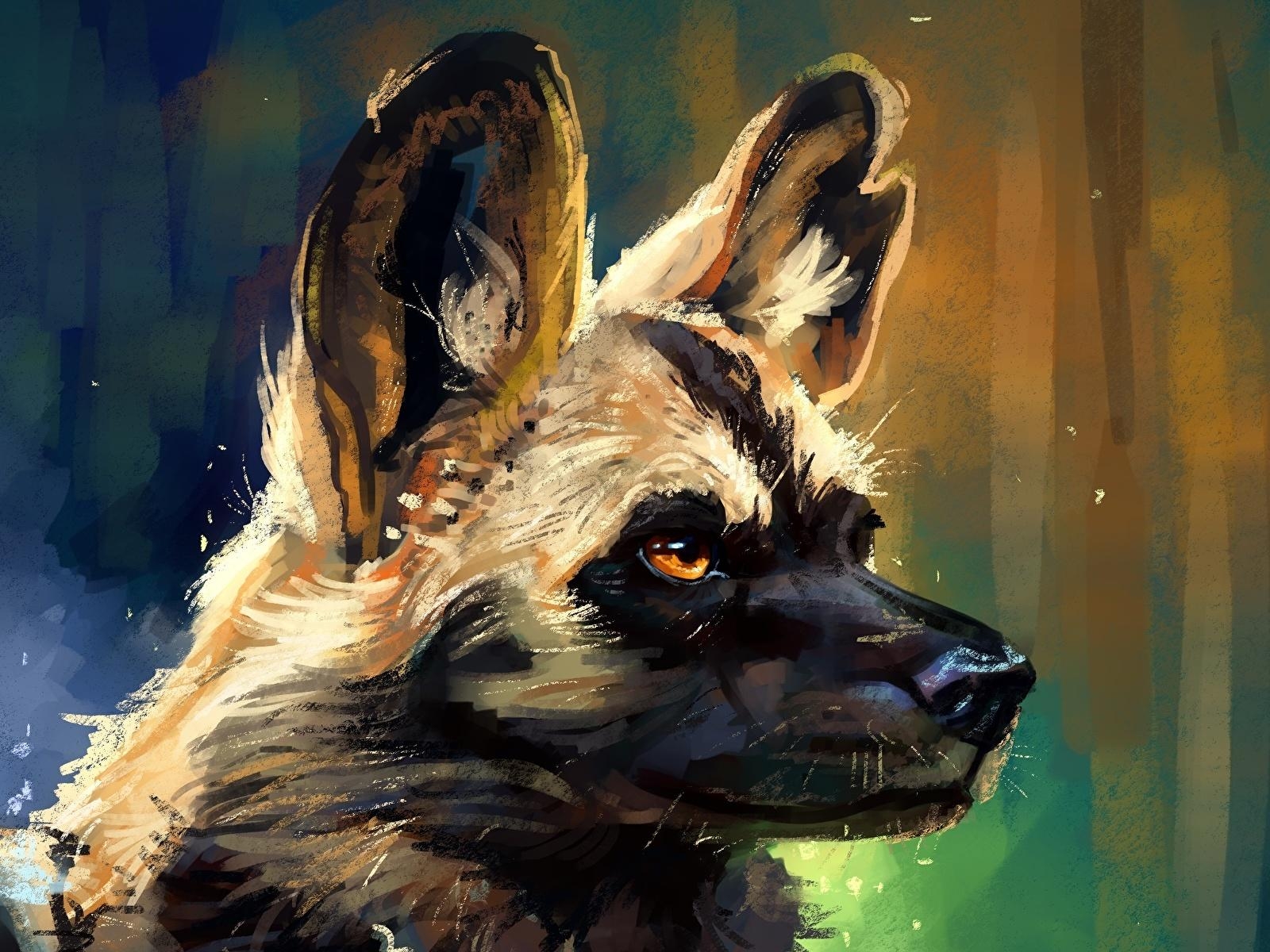 1600x1200 Image African wild dog Hyenic dog Head Animals Painting, Desktop