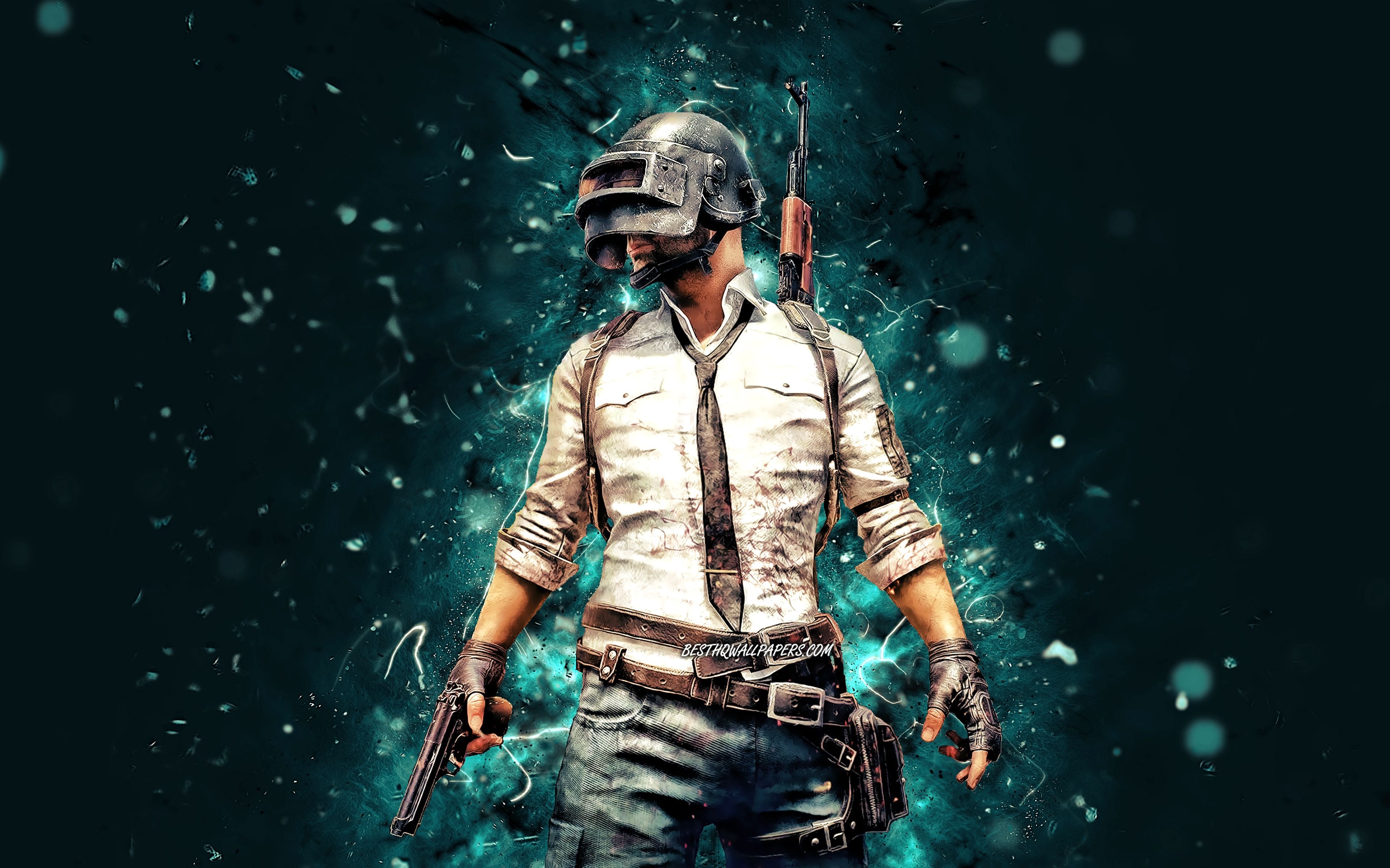 3840x2400 Download wallpaper PlayerUnknowns Battlegrounds 4k, blue neon lights, PUBG characters, main character, creative, PlayerUnknowns Battlegrounds character for desktop with resolution. High Quality HD picture wallpaper, Desktop