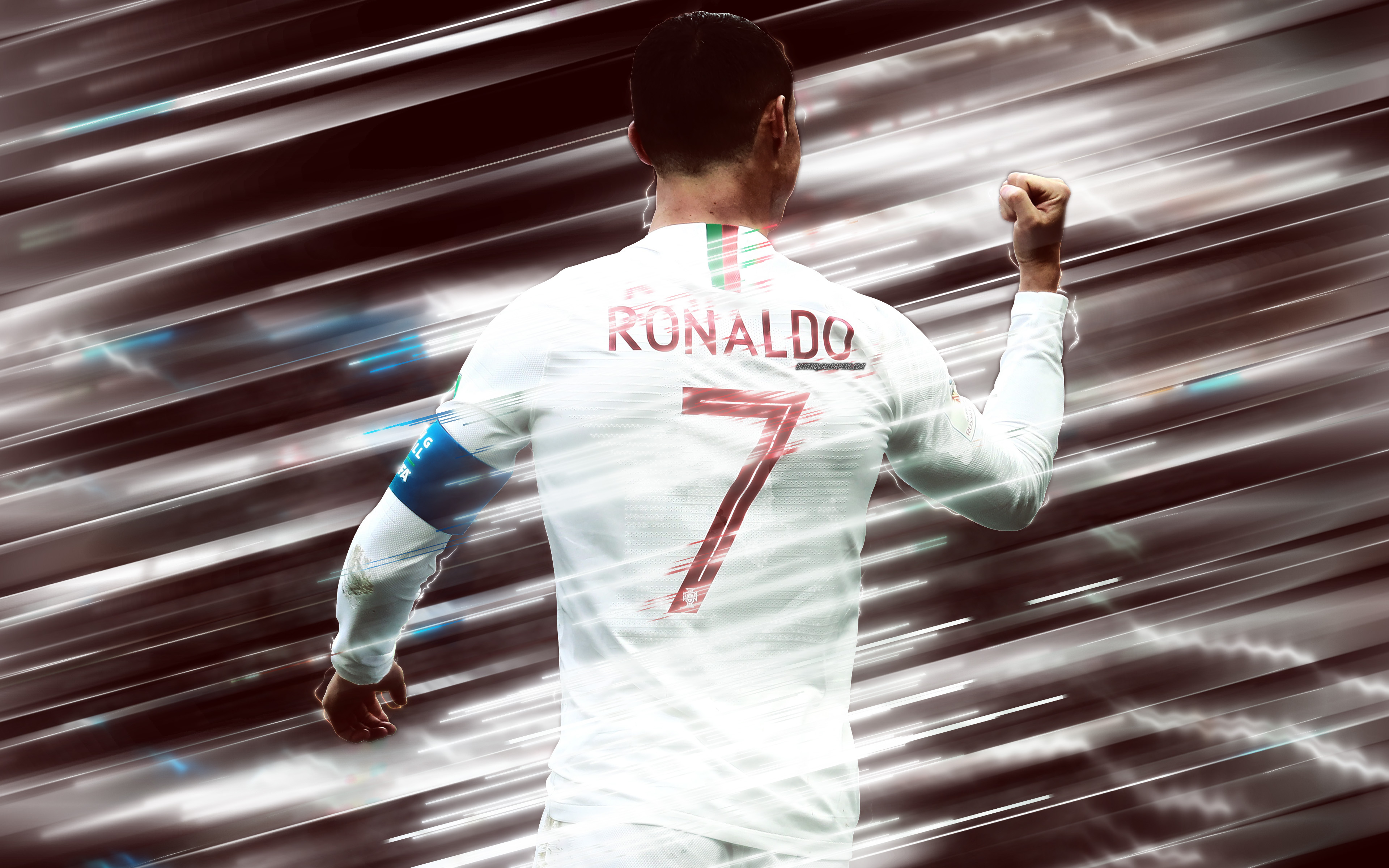 3840x2400 Download wallpaper Cristiano Ronaldo, Portugal national football team, view from the back, football star, 4k, creative art, blades style, Portuguese footballer, Portugal, CR red creative background, football for desktop with resolution, Desktop