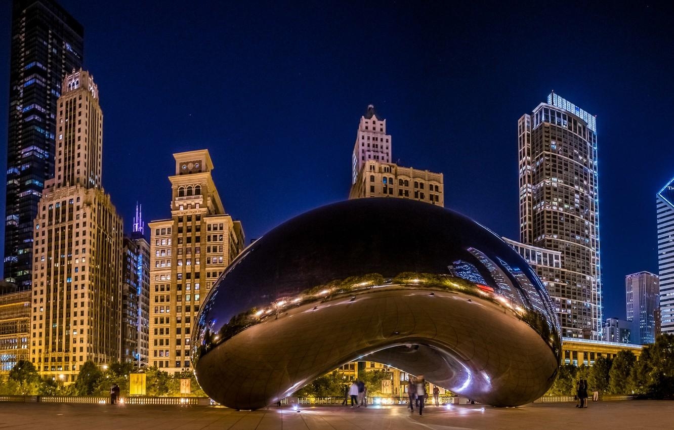 1340x850 Wallpaper night, lights, Park, skyscrapers, Chicago, USA, Chicago, Desktop