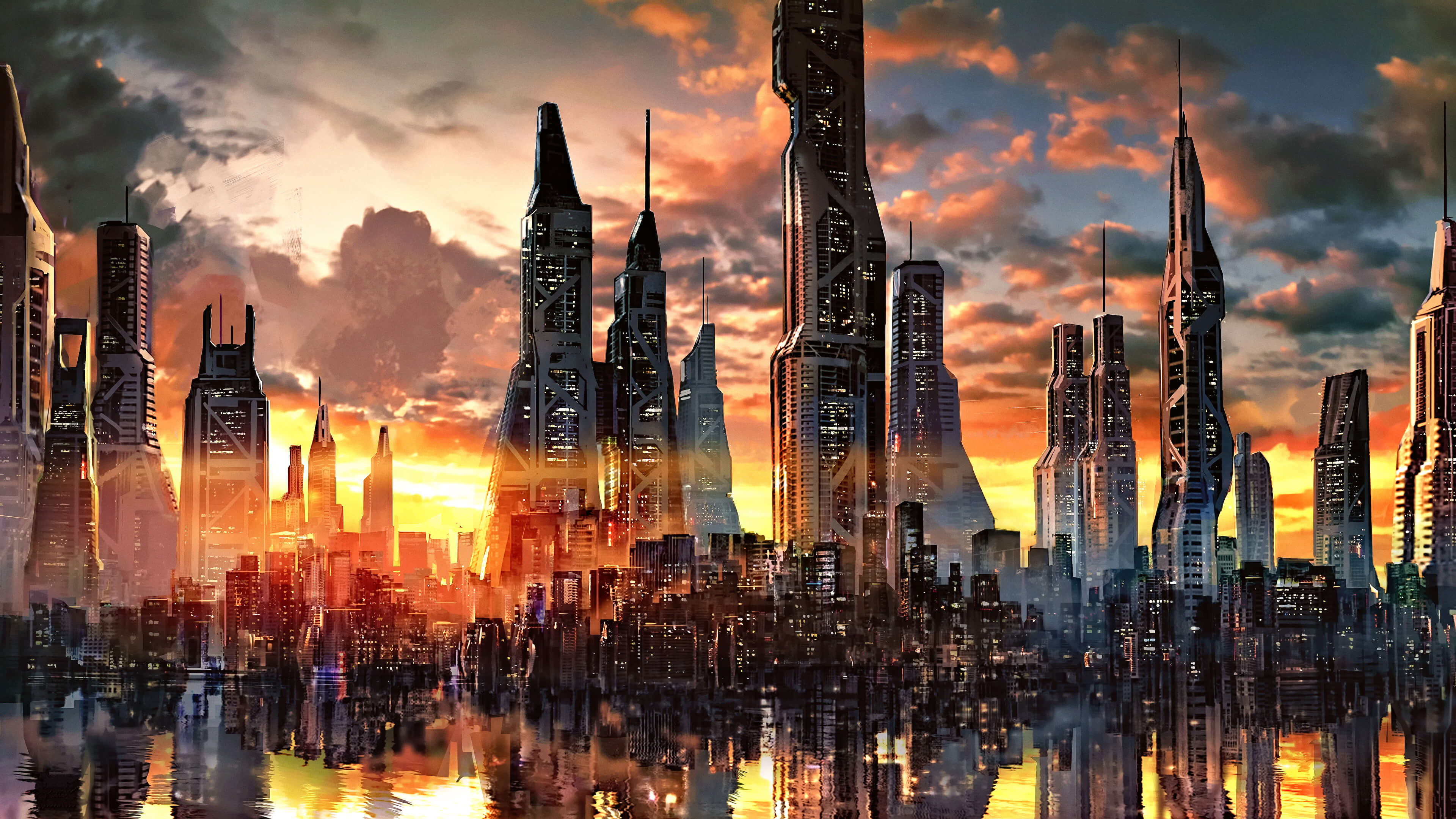 3840x2160 Futuristic City at Dusk 4K wallpaper, Desktop