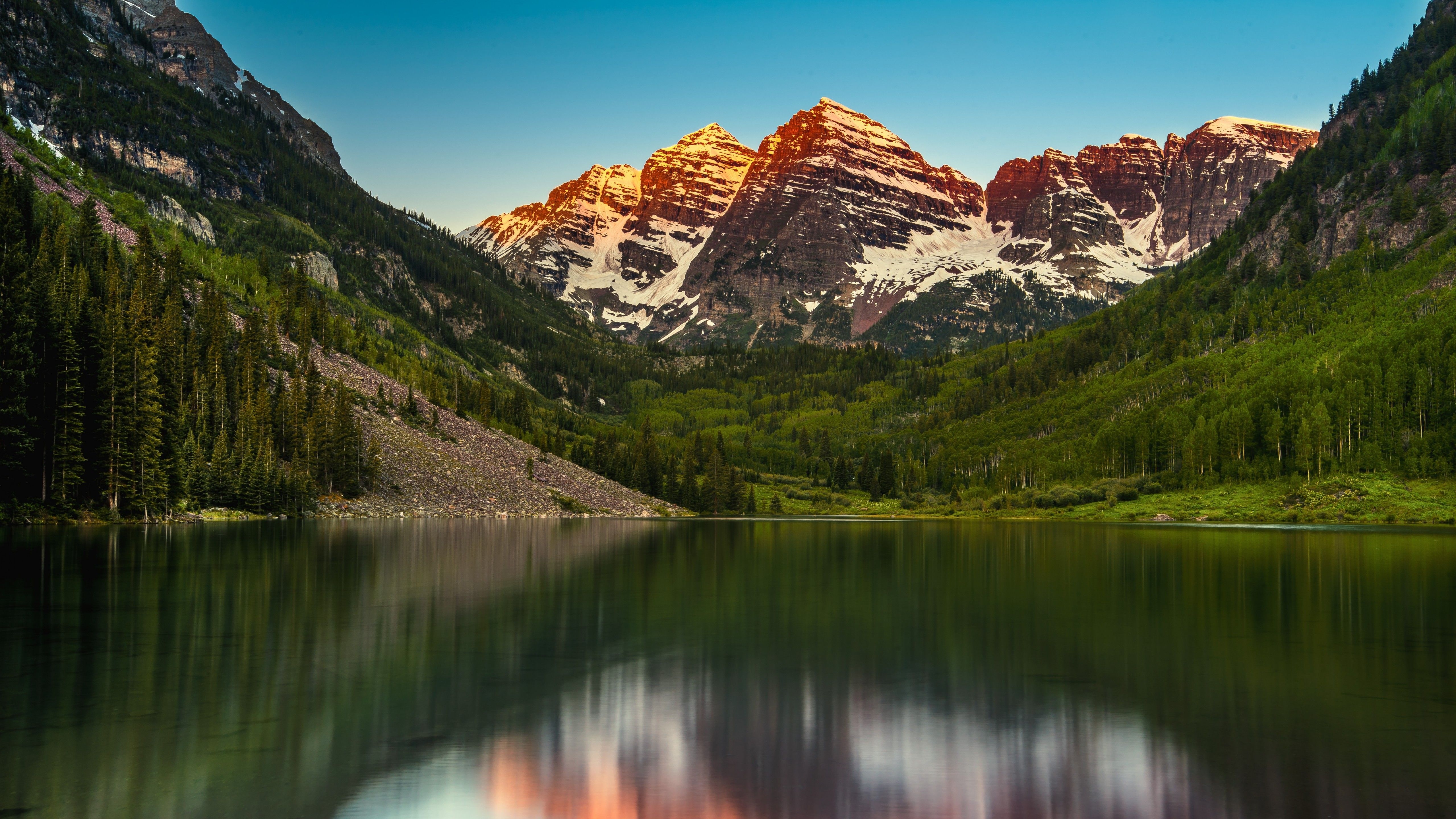 5120x2880 Maroon Bells 4K Wallpaper, Elk Mountains, Colorado, United States, Maroon Lake, Alpenglow, Nature, Desktop