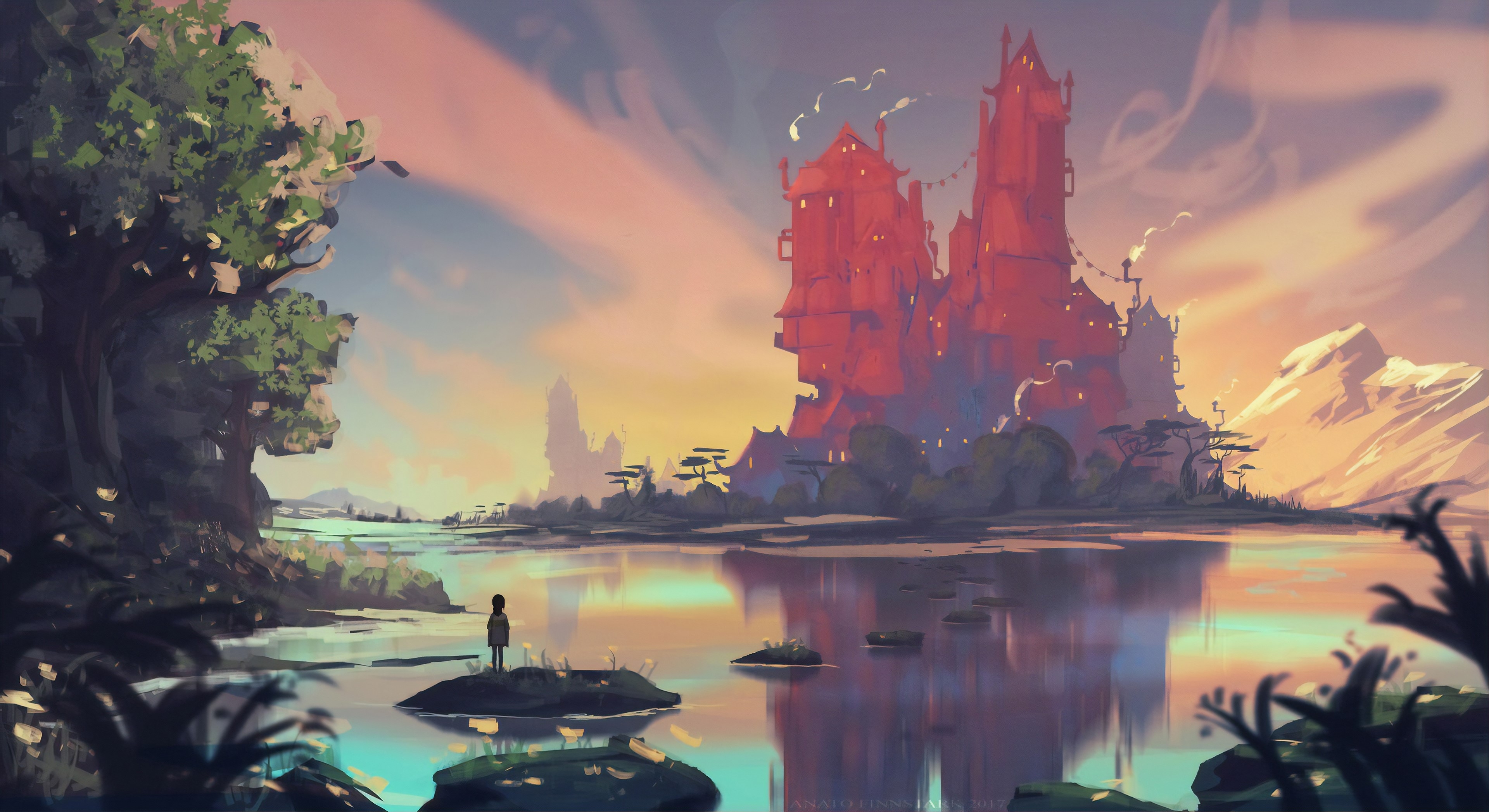 3840x2100 4K, landscape, digital art, Anato Finnstark, fantasy art, Studio Ghibli, castle, reflection, Spirited Away, lagoon, children Gallery HD Wallpaper, Desktop