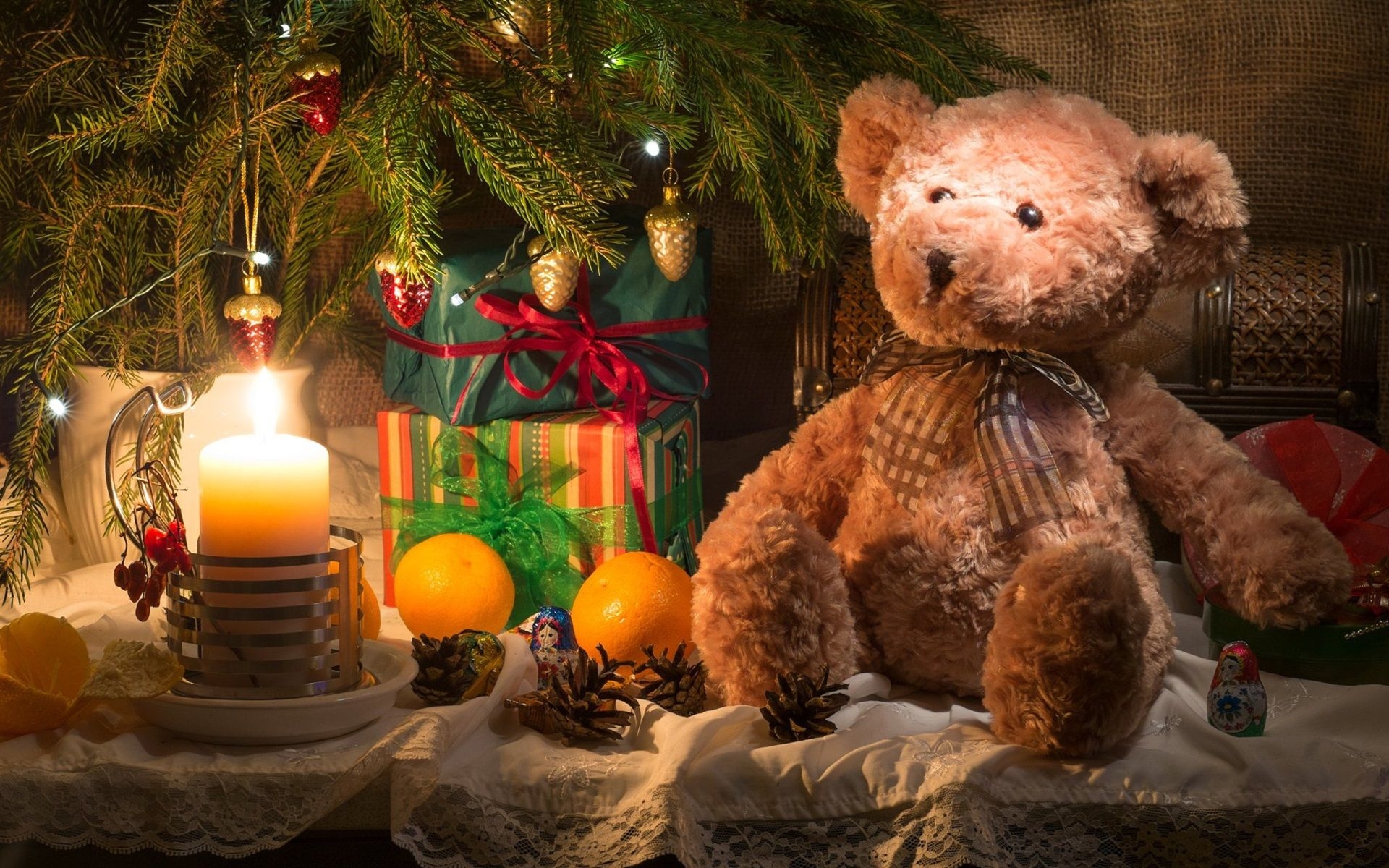 1920x1200 Wallpaper Teddy bear and gift, candle, Christmas theme  HD Picture, Image, Desktop