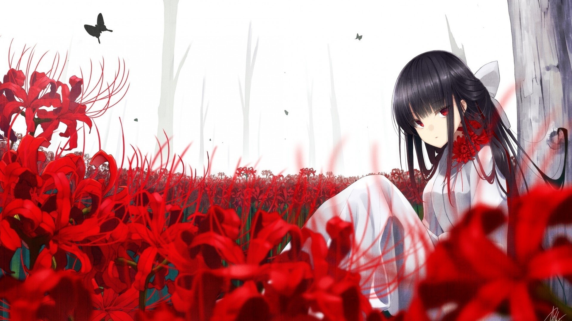 1920x1080 Red Eyes, Anime Girl, Butterfly, Flowers, Black Hair, And Black Anime, Desktop