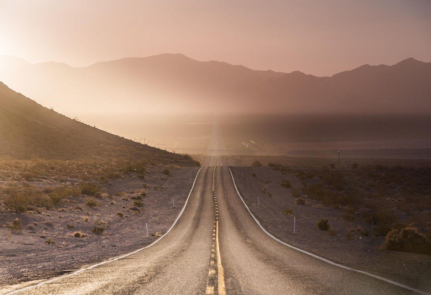 1500x1030 nature, Landscape, Wind, Dust, Mountains, Road, Sunset, Shrubs, Desktop