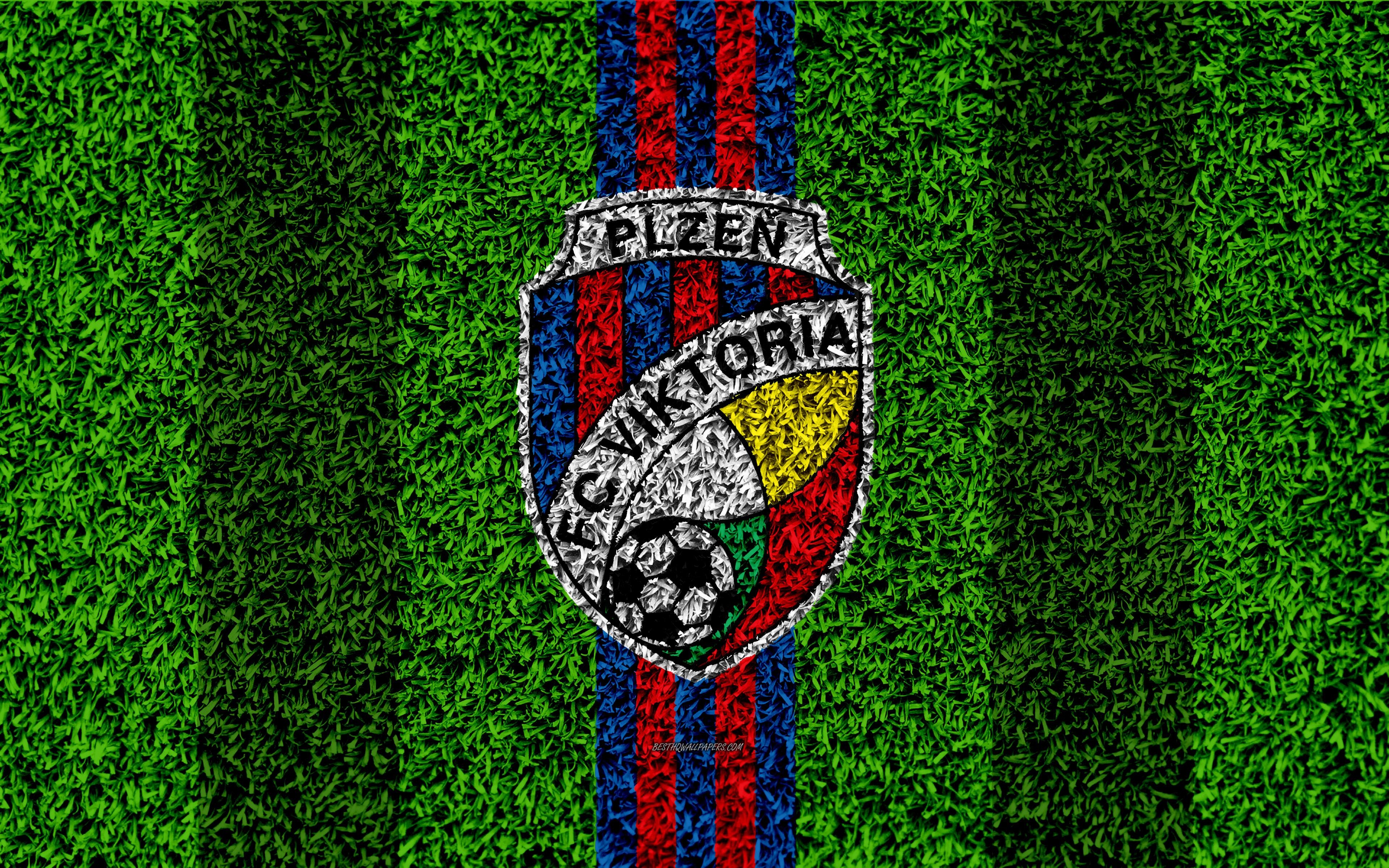 3840x2400 Download wallpaper FC Viktoria Plzen, 4k, logo, football lawn, blue, Desktop