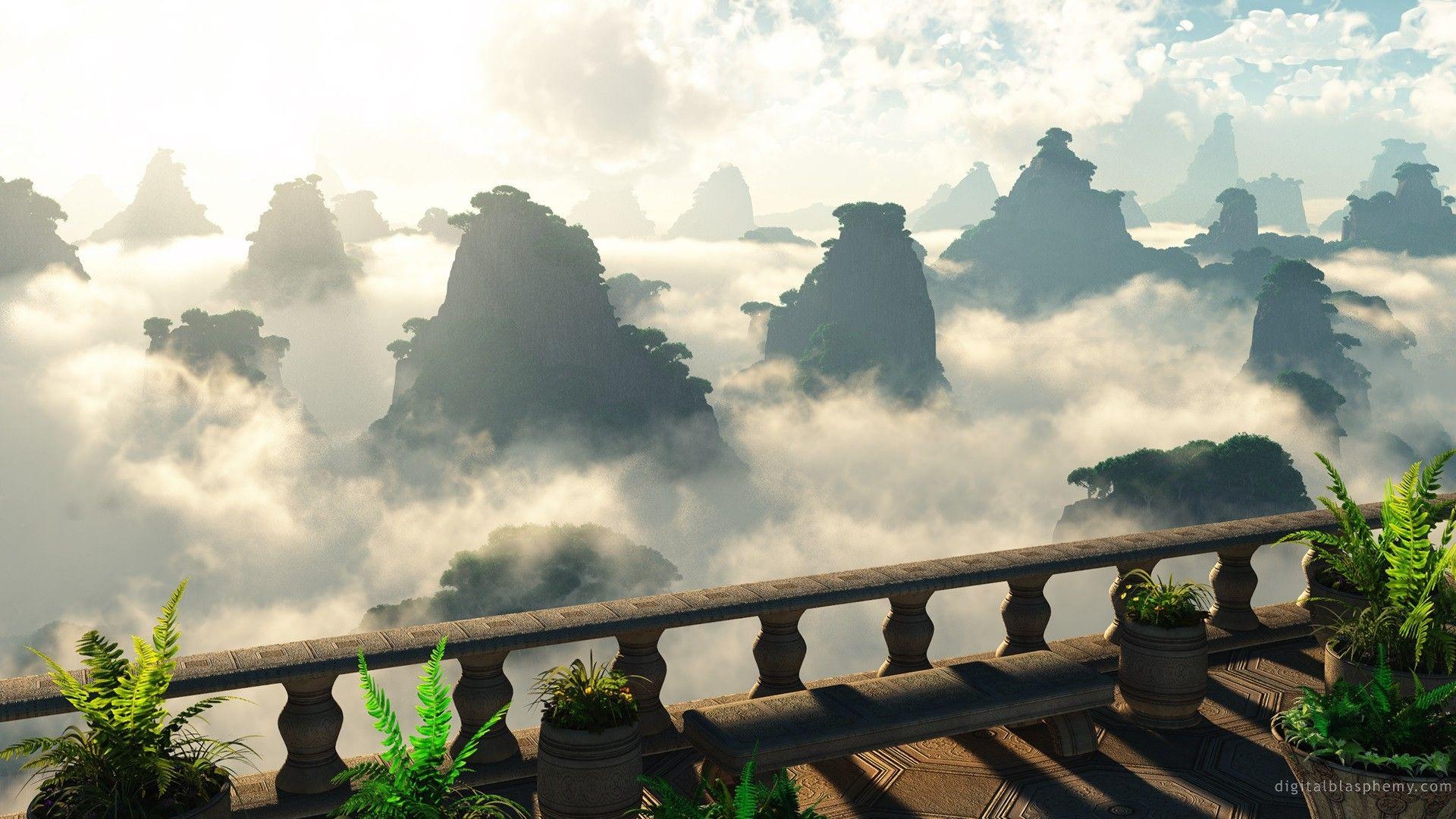 1920x1080 Miscellaneous Balcony Peeks Clouds Islands Trees Desktop, Desktop