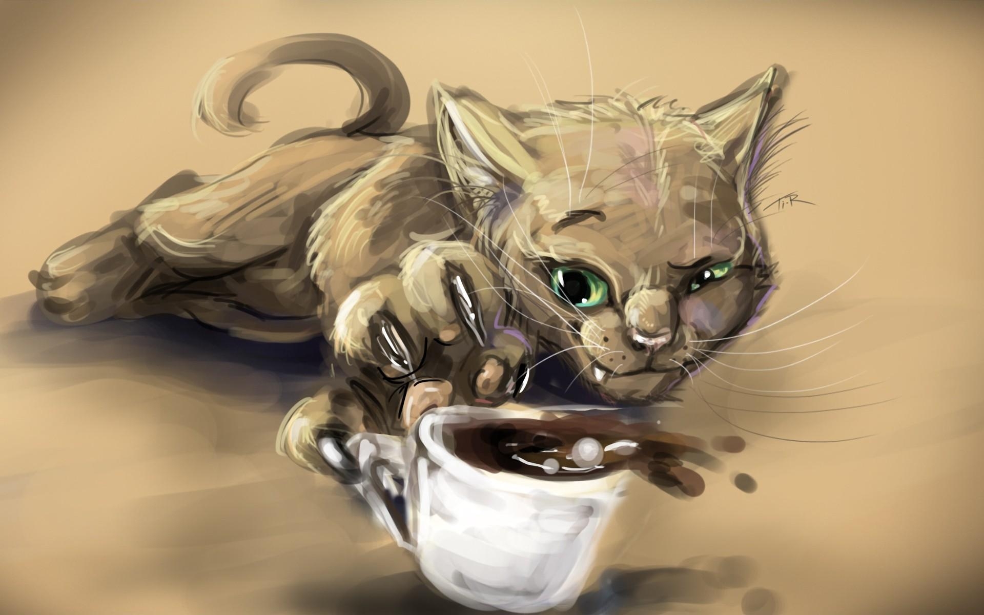 1920x1200 cats, animals, drawings, coffee cups, paws wallpaper, Desktop