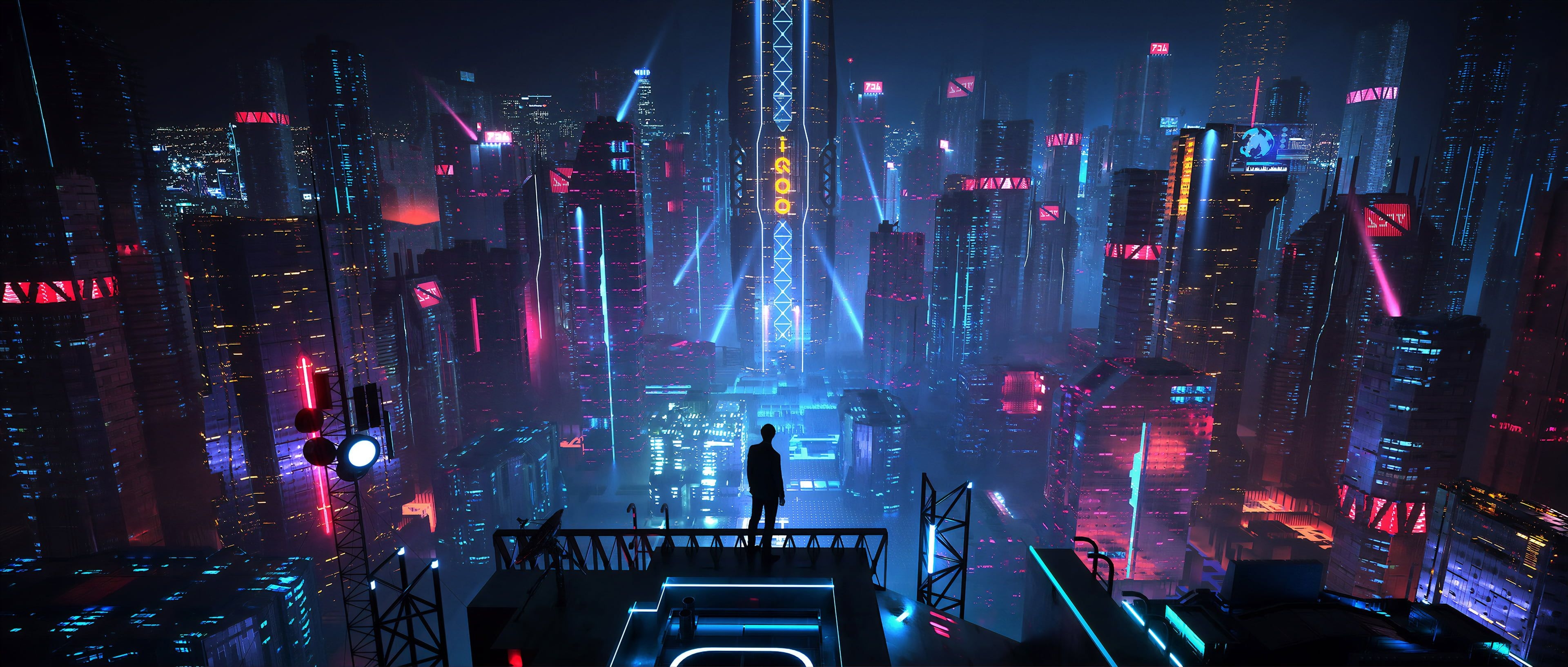 3840x1640 Cyberpunk Neon Wallpaper 4k, Dual Screen