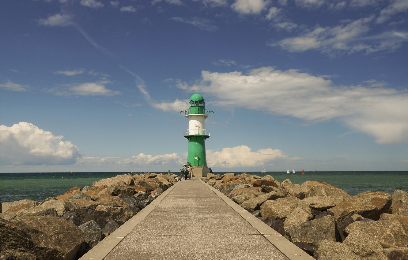 1340x850 Wallpaper sea, white, green, people, rocks, green, lighthouse, boats, Germany, Rostock, white, sea, Germany, rocks, people, way image for desktop, section пейзажи, Desktop