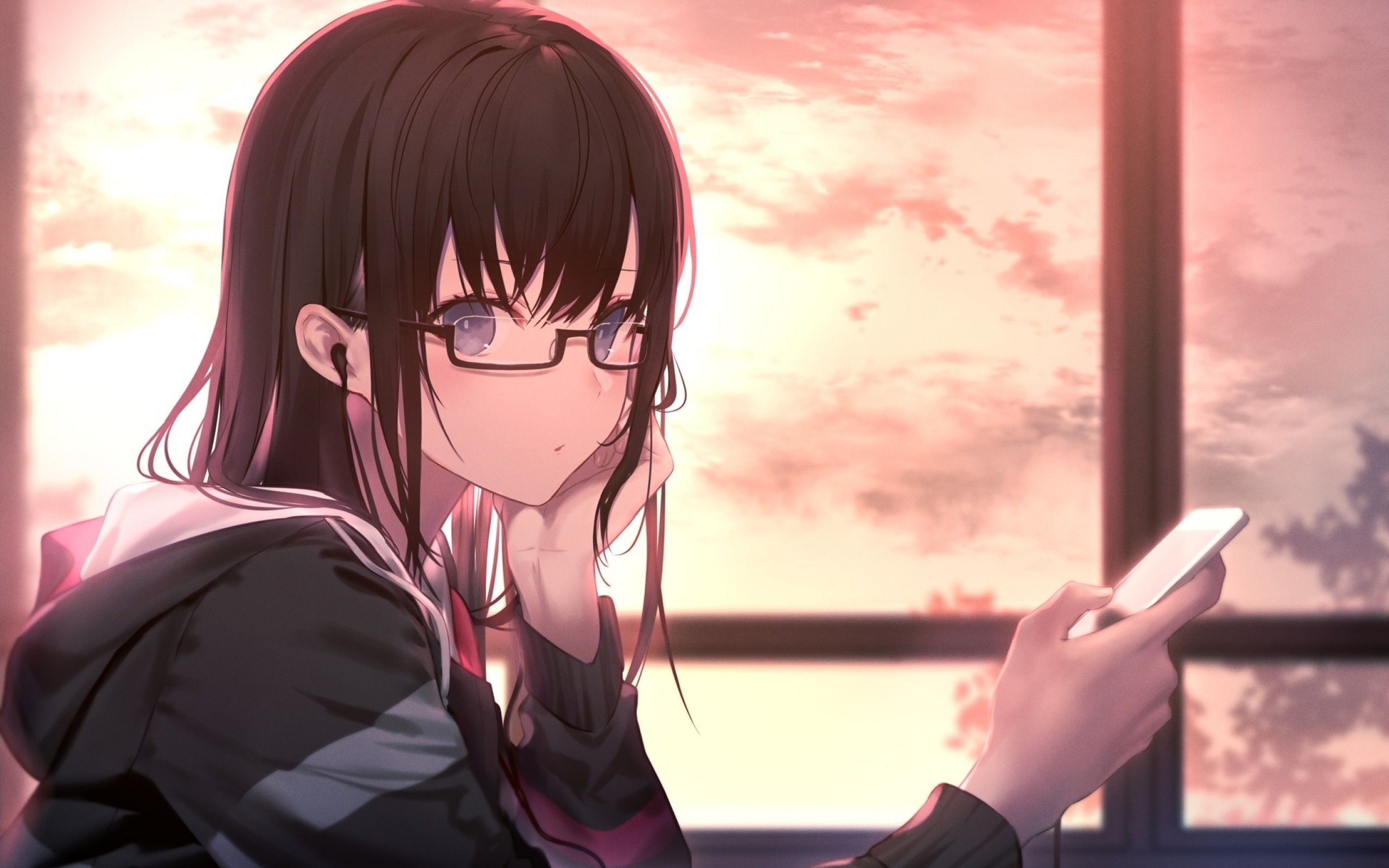 2560x1600 Download  Anime Girl, Meganekko, Brown Hair, Sunset, Hoodie, Smartphone, Windows, Headphones Wallpaper for MacBook Pro 13 inch, Desktop