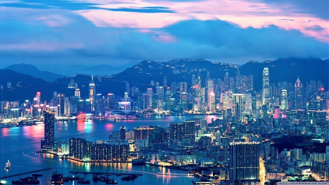 1370x770 Hong Kong Night Lights HD desktop wallpaper, Widescreen, High, Desktop