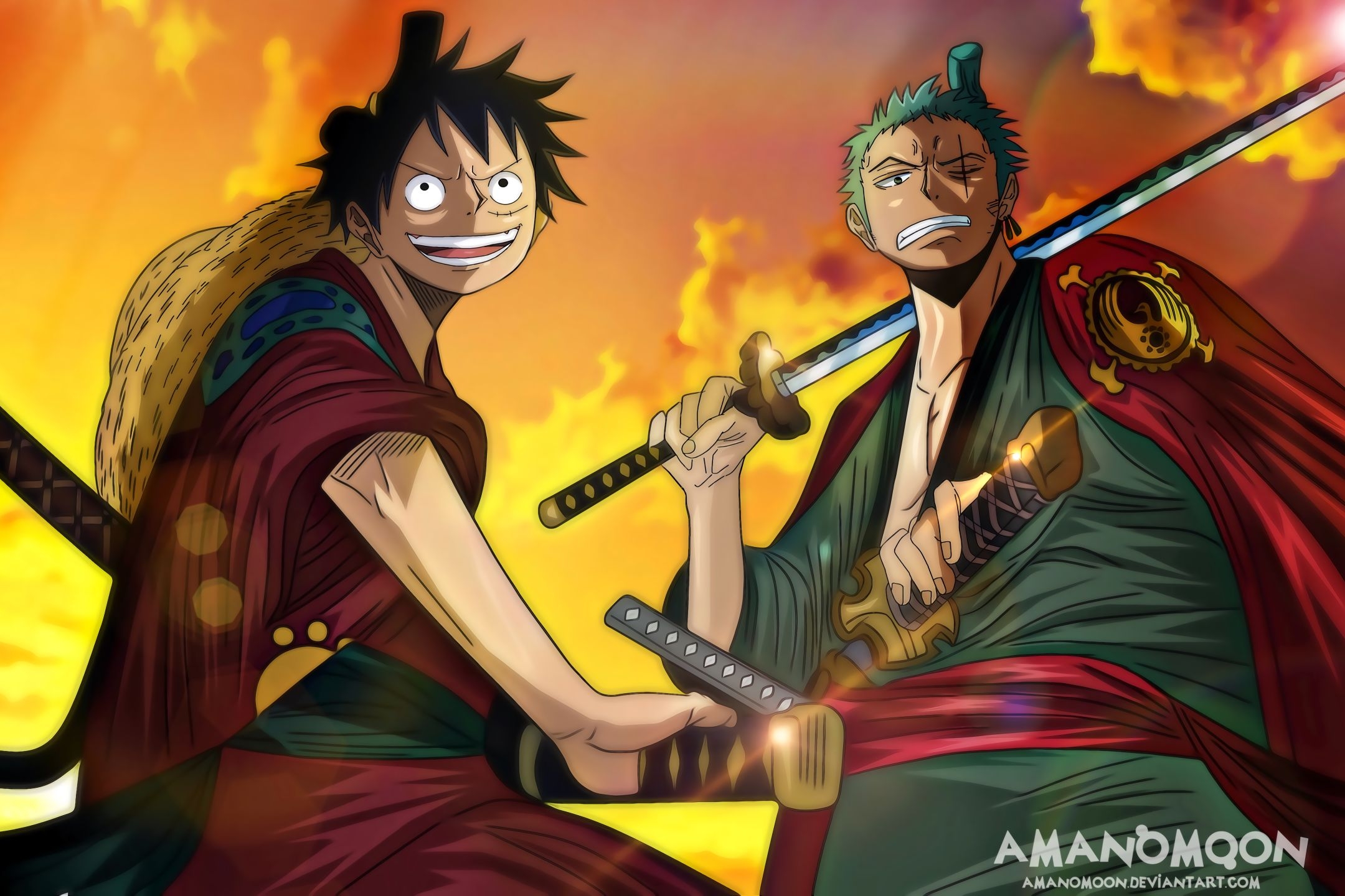 2160x1440 HD desktop wallpaper: Anime, One Piece, Roronoa Zoro, Monkey D Luffy download free picture, Desktop