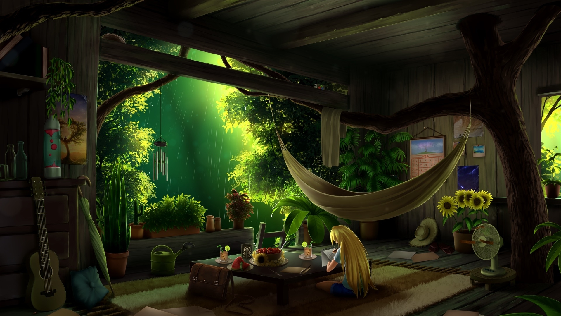 1920x1080 Download  Anime Girl, Botanical Room, Studying, Raining, Tree, Blonde, Mood Wallpaper for Widescreen, Desktop