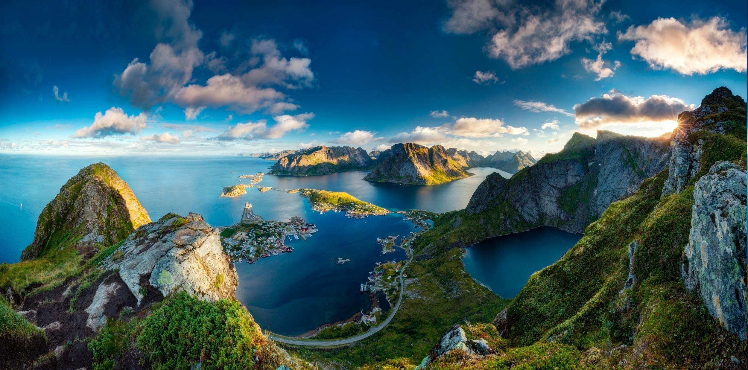 2500x1240 Sun, Mountain, Landscape, Sea, Nature Norway Wallpaper. Download, Dual Screen