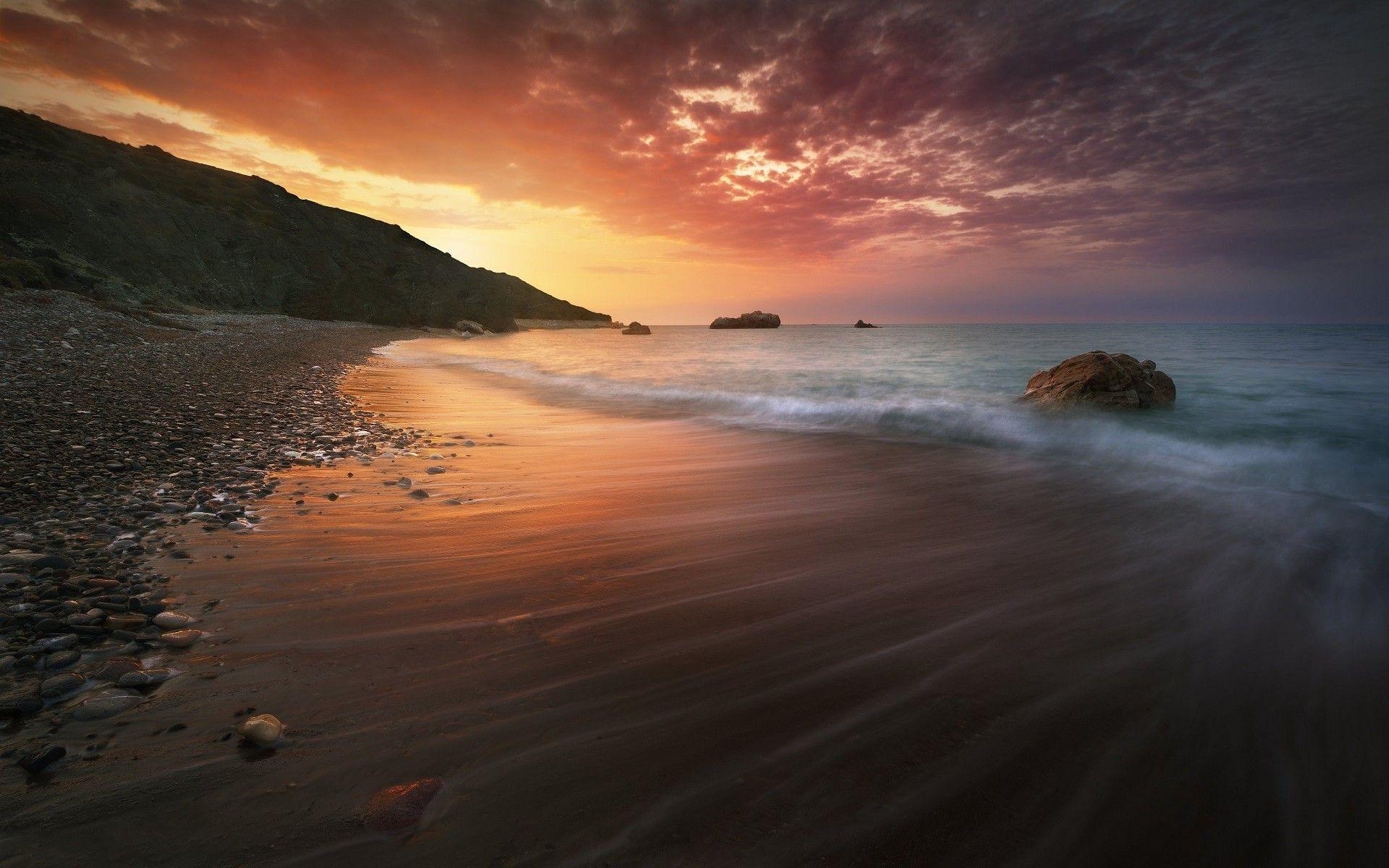 1920x1200 Cyprus, Nature, Sea, Water, Sunset, Clouds, Beach, Stone, Stones, Desktop