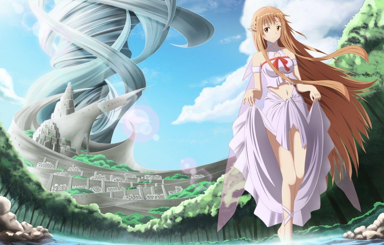 1340x850 Wallpaper look, girl, landscape, the city, smile, elf, art, sword, Desktop