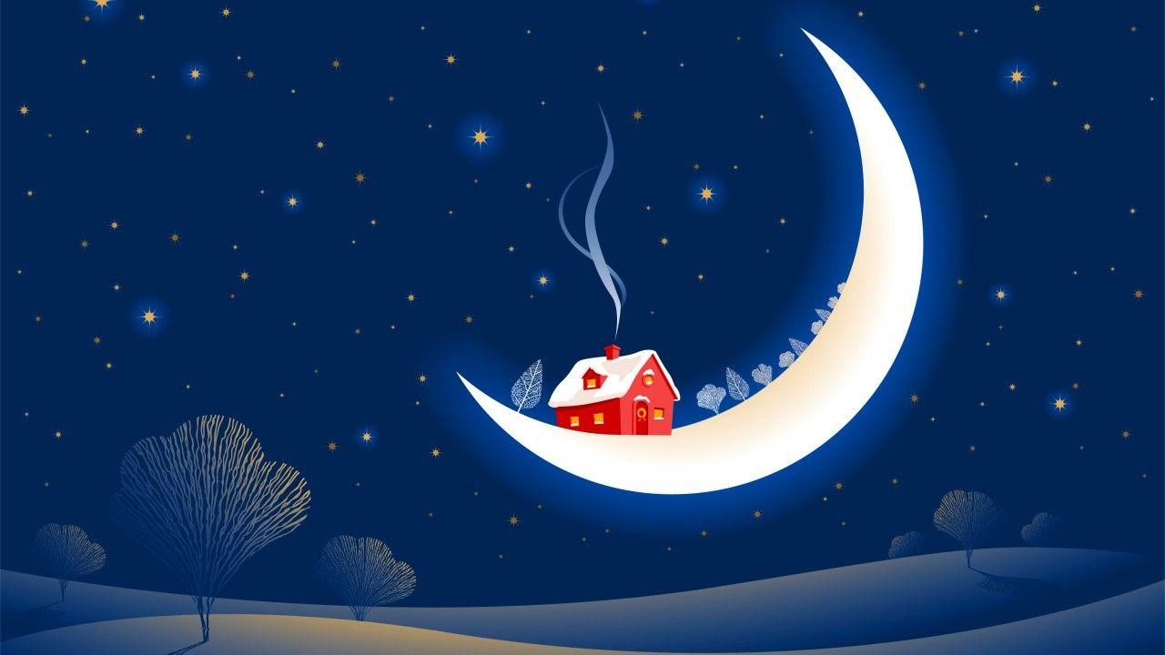 1280x720 Wallpaper Half moon, House, HD, Creative Graphics, Desktop