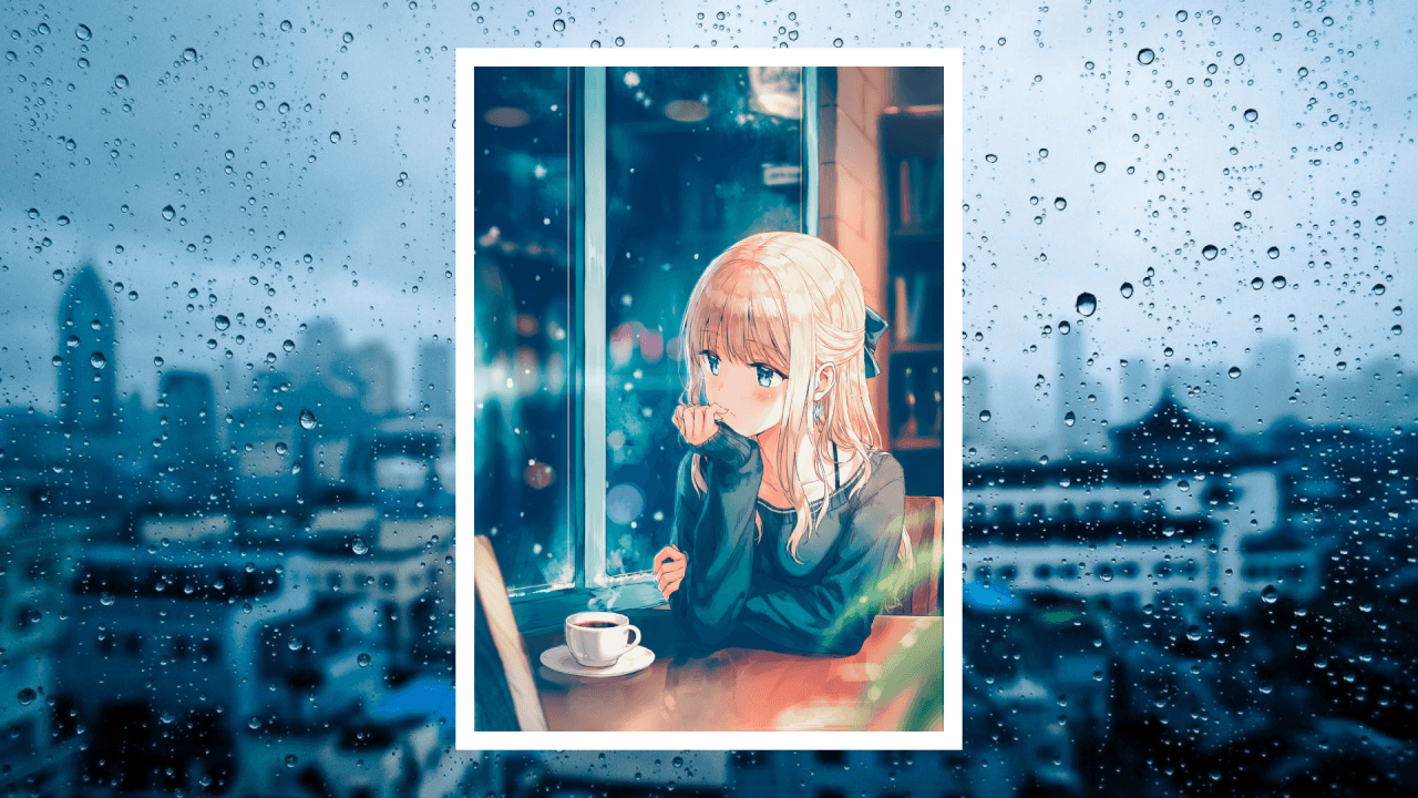 1280x720 Download  Anime Girl, Window, Raining, Coffee, Blonde, Rain, Desktop