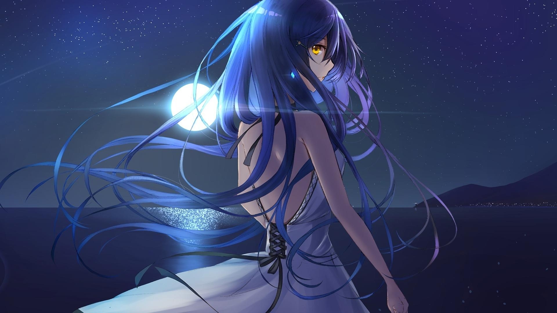 1920x1080 Download  wallpaper night out, anime girl, blue long hair, Desktop