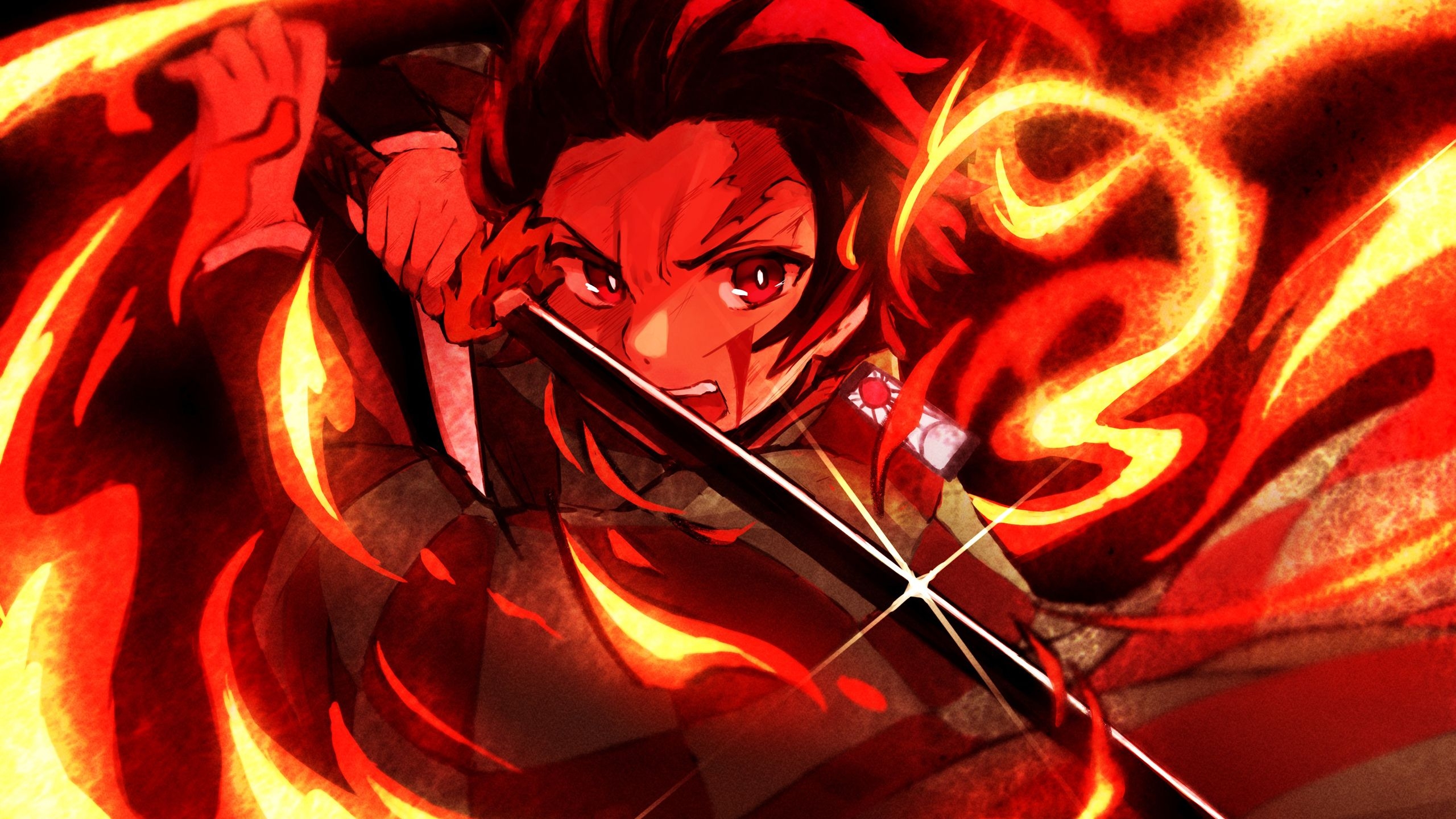 2560x1440 Demon Slayer Tanjiro Kamado With Sharp Sword On Fire HD Anime Wallpaper, Desktop