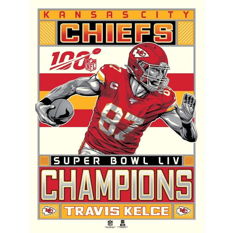 900x900 Phenom Gallery Travis Kelce Kansas City Chiefs Super Bowl LIV Champions 18'' x 24'' Champs Limited Edition Serigraph Print Artwork Poster, Phone