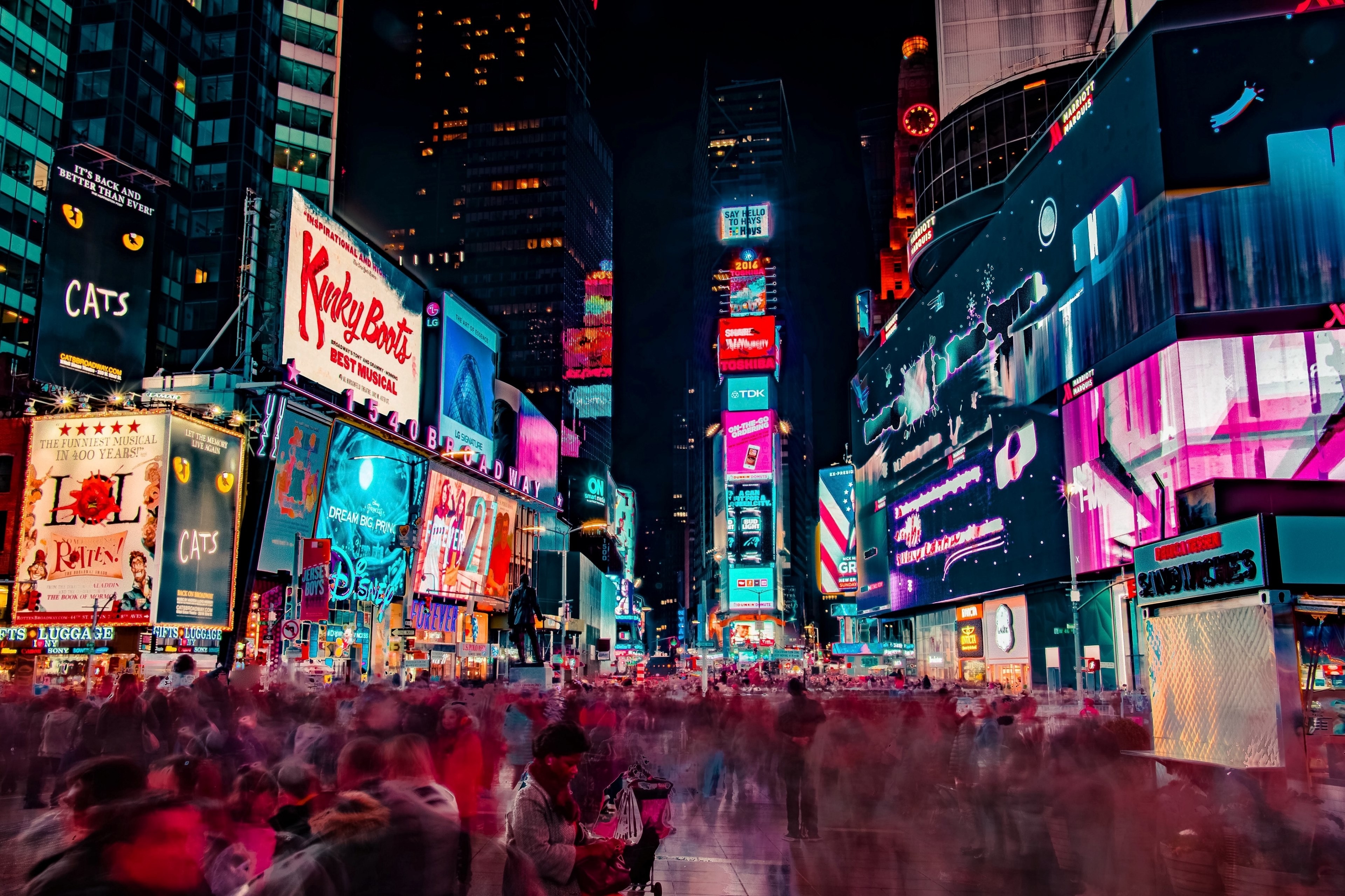 3840x2560 Wallpaper / people walk quickly around the theater district of times square in new york city at night, city in motion 4k wallpaper free download, Desktop