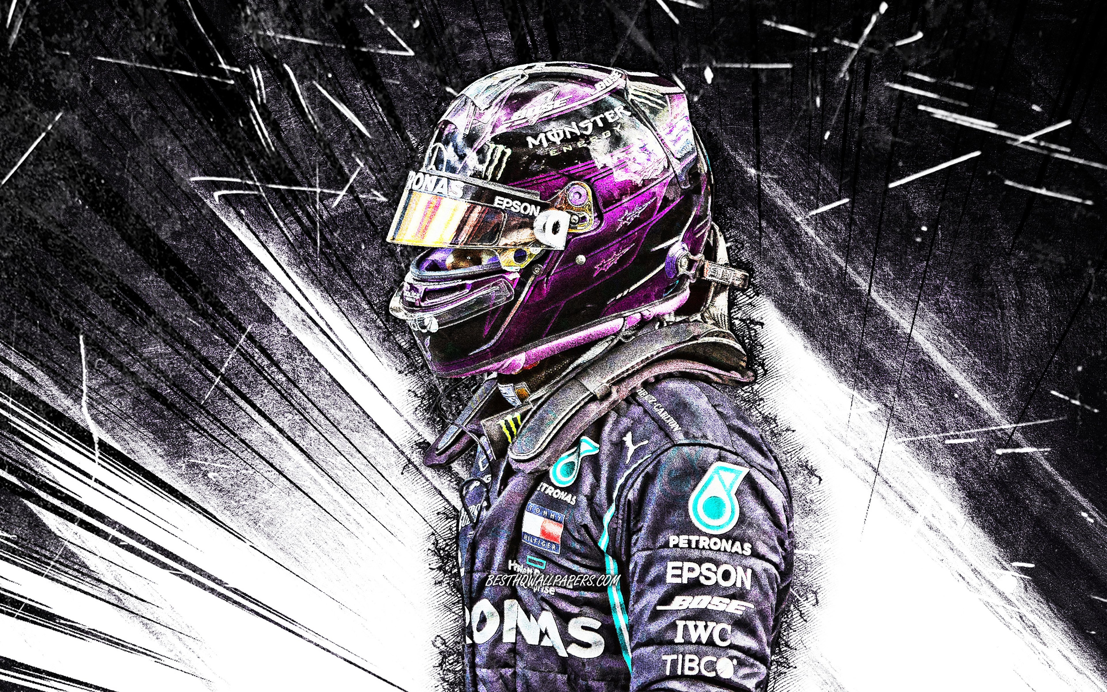 3840x2400 Download Wallpaper 4k, Lewis Hamilton, White Abstract Rays, Mercedes AMG Petronas Formula One Team, British Racing Drivers, Formula Lewis Carl Davidson Hamilton, Grunge Art, F1 2020 For Desktop With Resolution. High, Desktop