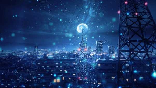 610x340 Blue Night Big Moon Anime Scenery 4K HD Wallpaper, Desktop