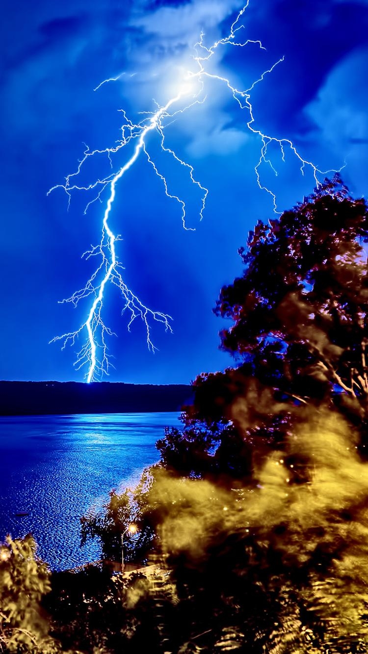 750x1340 Lightning Strike Forest Lake iPhone 6 Wallpaper, Phone