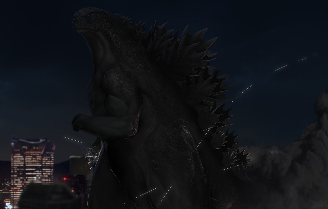 1340x850 Wallpaper Night, Figure, The city, Godzilla, Art, Art, Godzilla, King Of Monsters, by Naram Sinha, Heisei Godzilla, Naram Sinha, My take on the King Of Monsters image for desktop, section арт, Desktop