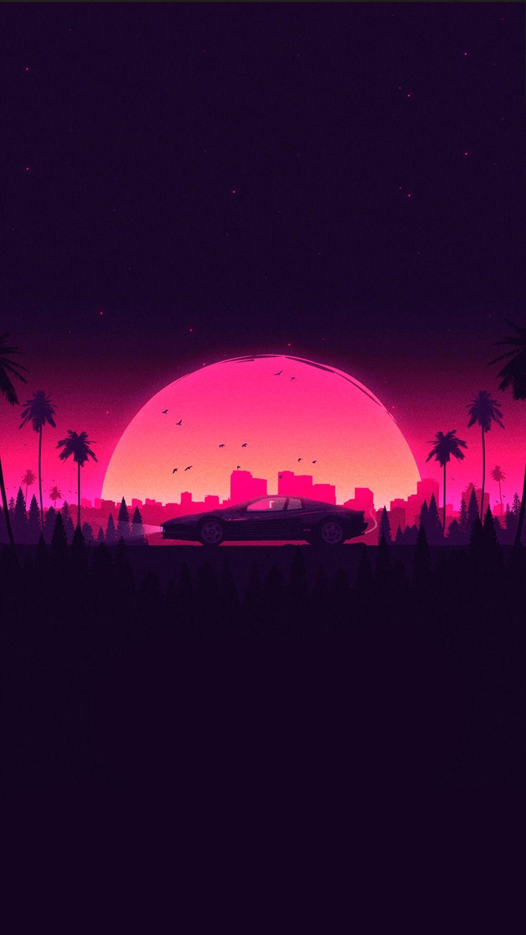 1080x1920 Car, palm trees and city in front of a pink sunset, Phone