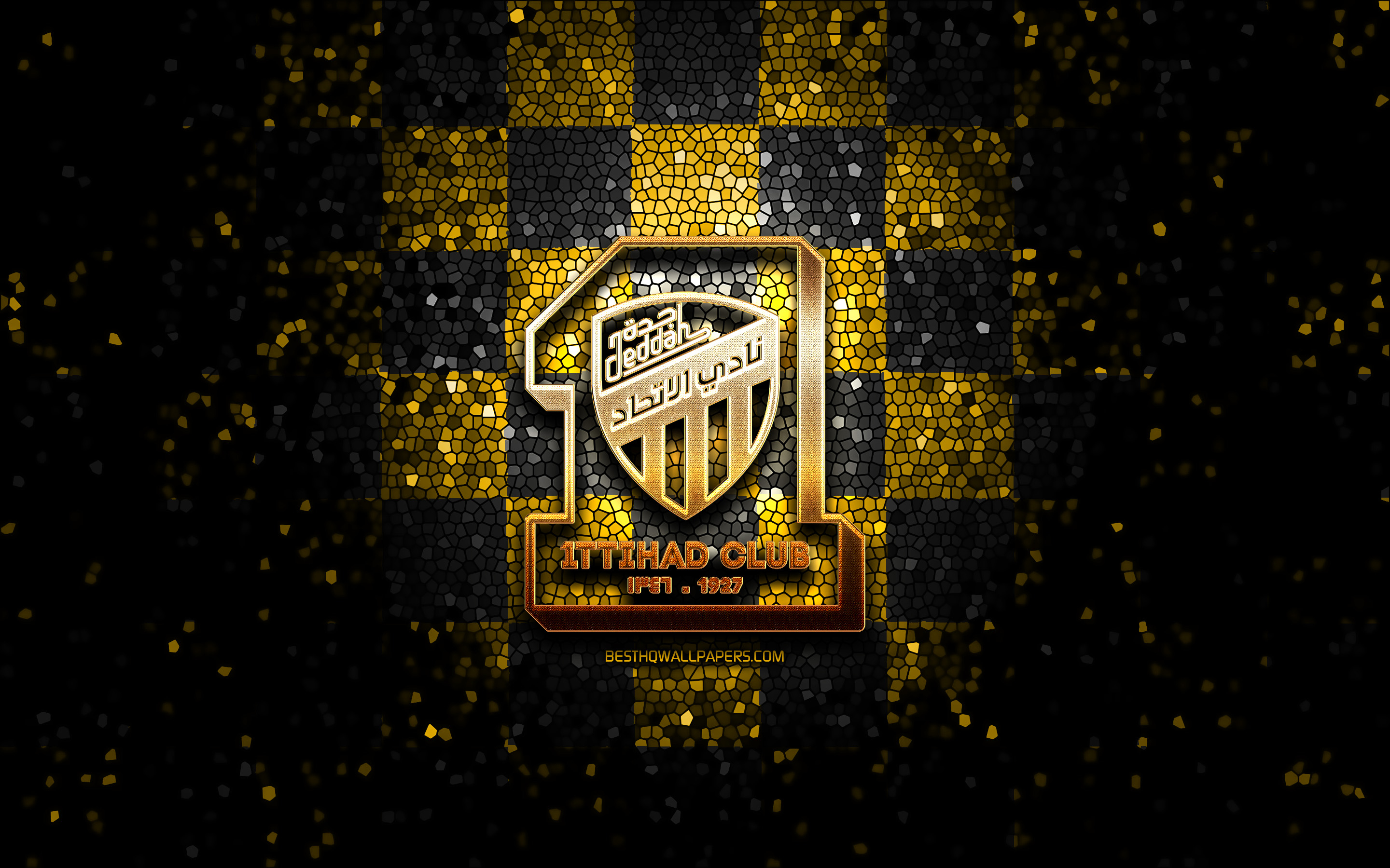 2880x1800 Download Wallpaper Al Ittihad Jeddah, Glitter Logo, Saudi Professional League, Yellow Black Checkered Background, Soccer, Saudi Football Club, Al Ittihad Logo, Al Ittihad Club, Mosaic Art, Football, Al Ittihad FC For Desktop With Resolution, Desktop