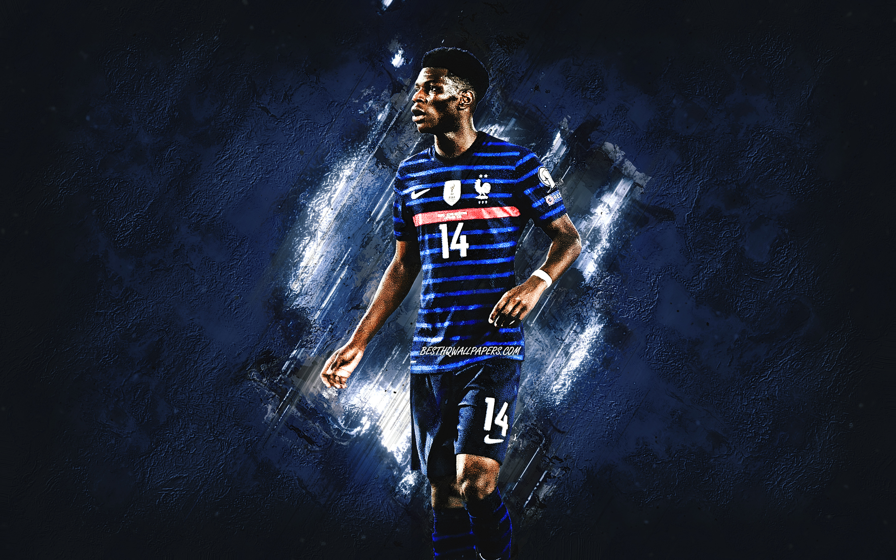 2880x1800 Download wallpaper Aurelien Tchouameni, France National Football Team, French Footballer, Midfielder, Portrait, Blue Stone Background, France, Football for desktop with resolution. High Quality HD picture wallpaper, Desktop